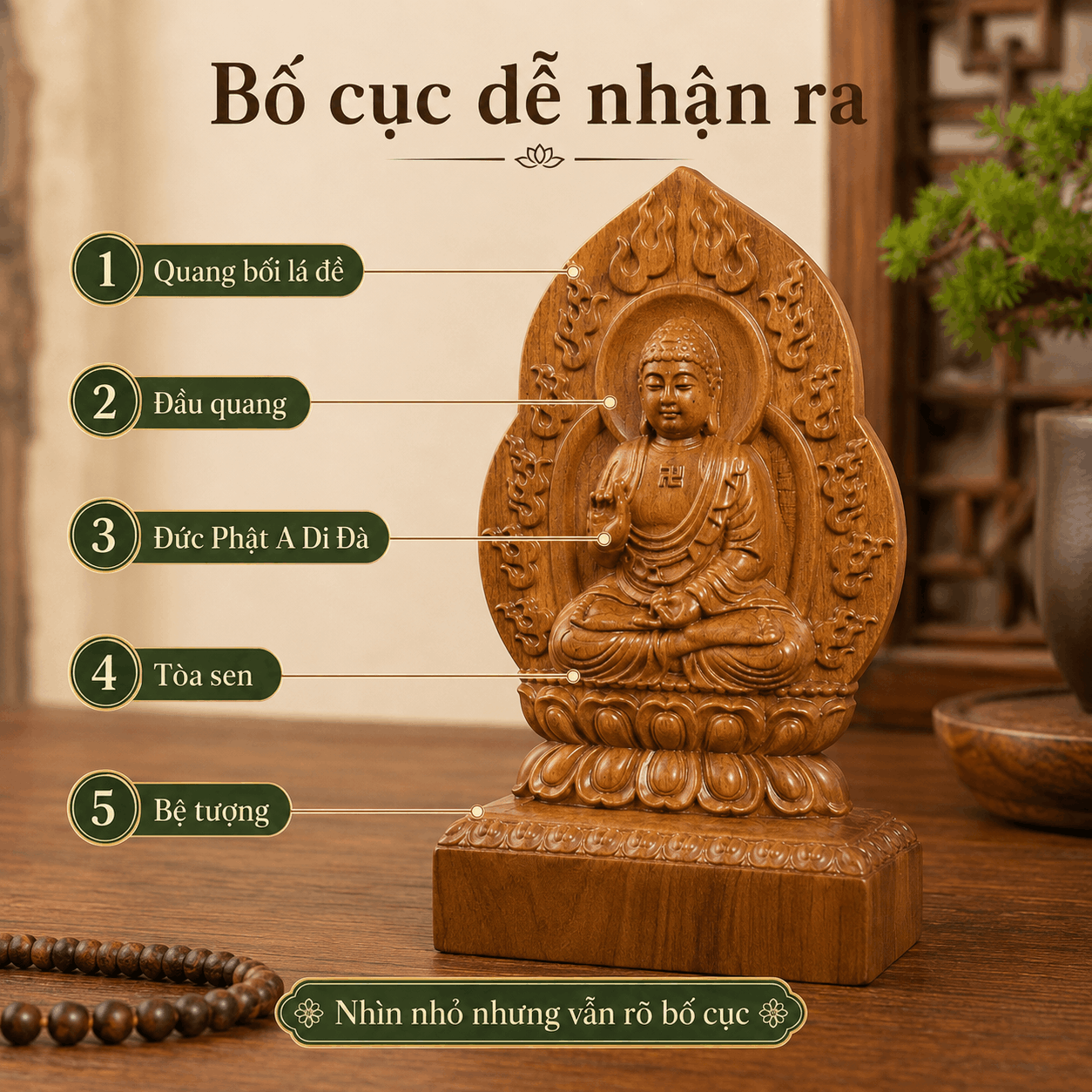 Tượng Phật Bản Mệnh Tuổi Tuất – Hợi Đức Phật A Di Đà Gỗ Bách Xanh 14,5 cm