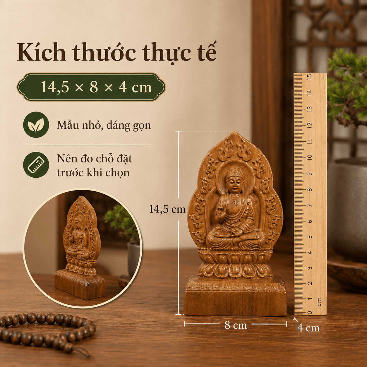 Tượng Phật Bản Mệnh Tuổi Tuất – Hợi Đức Phật A Di Đà Gỗ Bách Xanh 14,5 cm