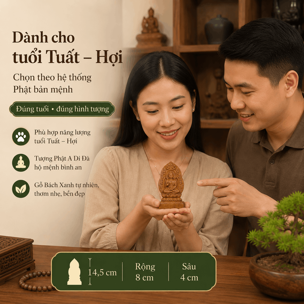 Tượng Phật Bản Mệnh Tuổi Tuất – Hợi Đức Phật A Di Đà Gỗ Bách Xanh 14,5 cm