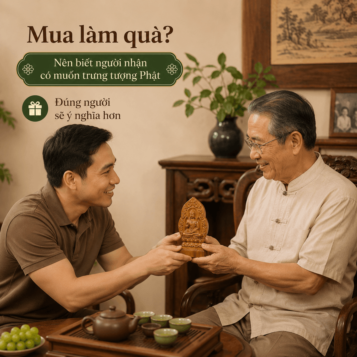 Tượng Phật Bản Mệnh Tuổi Tuất – Hợi Đức Phật A Di Đà Gỗ Bách Xanh 14,5 cm