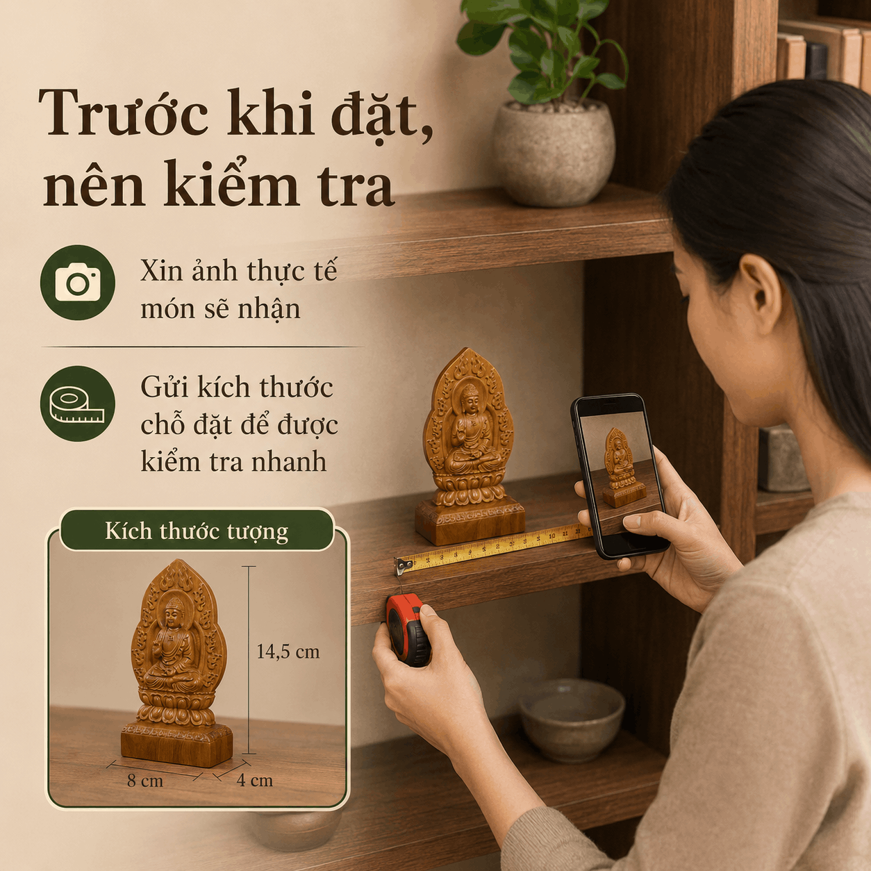 Tượng Phật Bản Mệnh Tuổi Tuất – Hợi Đức Phật A Di Đà Gỗ Bách Xanh 14,5 cm
