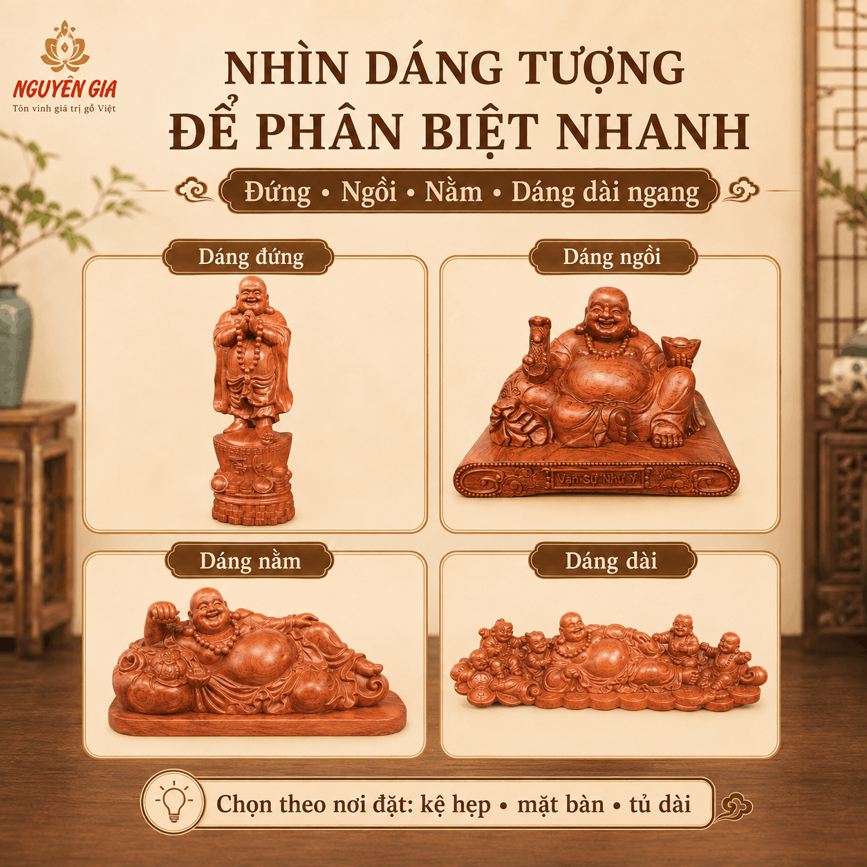 Các hình tượng Phật Di Lặc trong điêu khắc gỗ khác nhau thế nào?