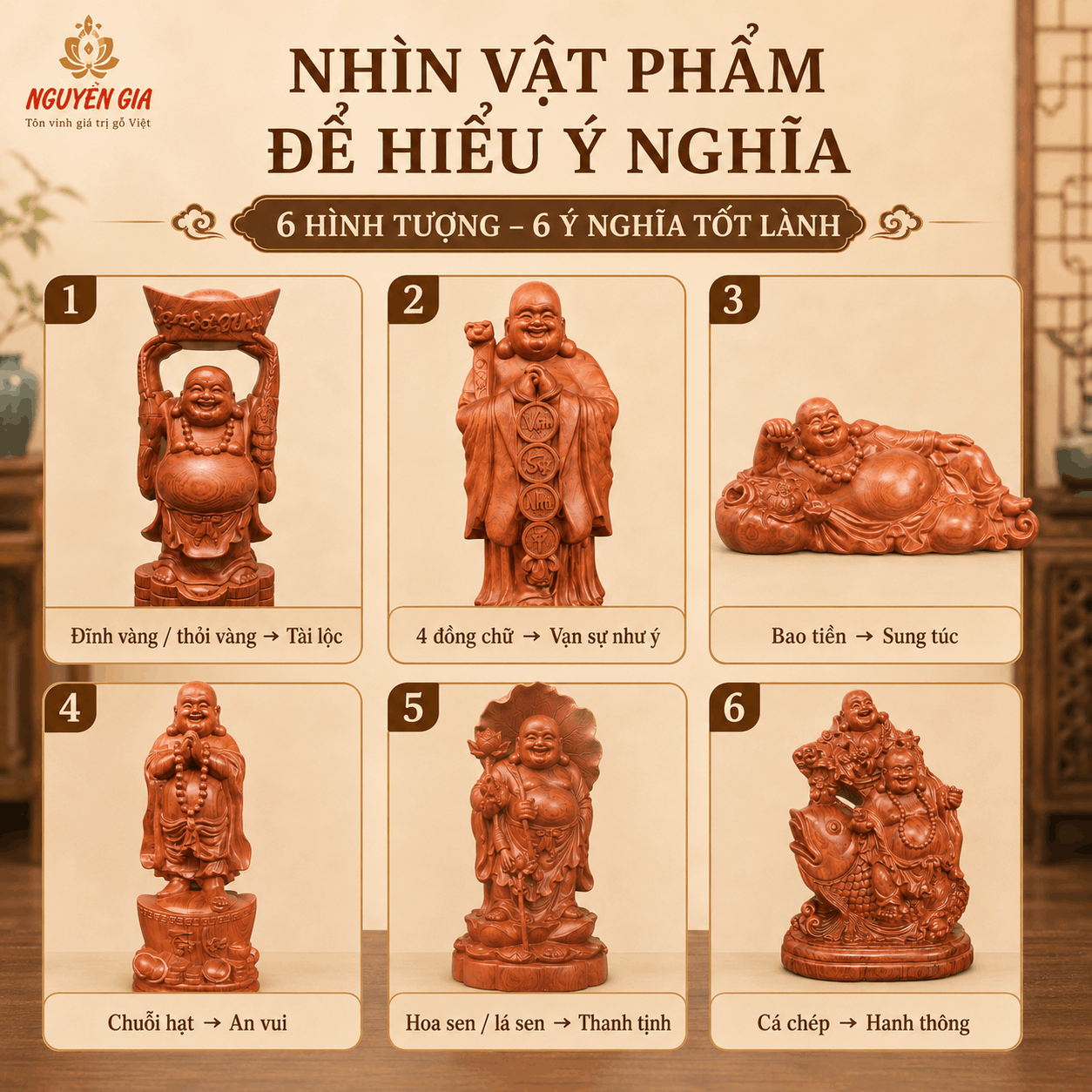 Các hình tượng Phật Di Lặc trong điêu khắc gỗ khác nhau thế nào?