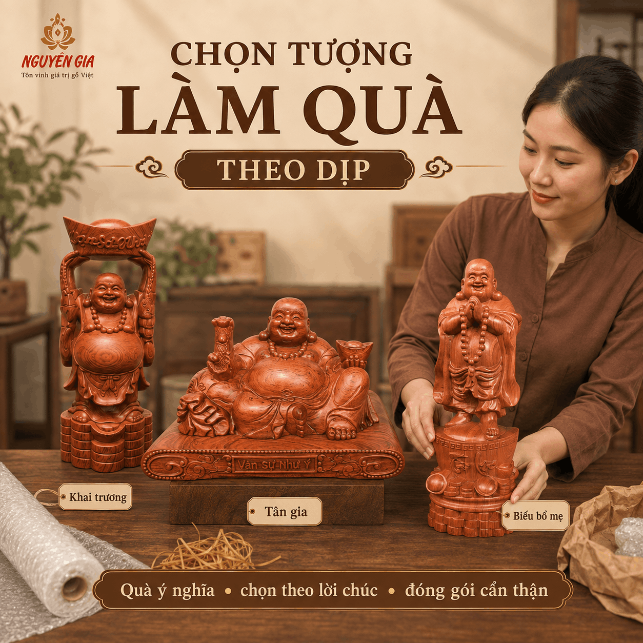 Các hình tượng Phật Di Lặc trong điêu khắc gỗ khác nhau thế nào?
