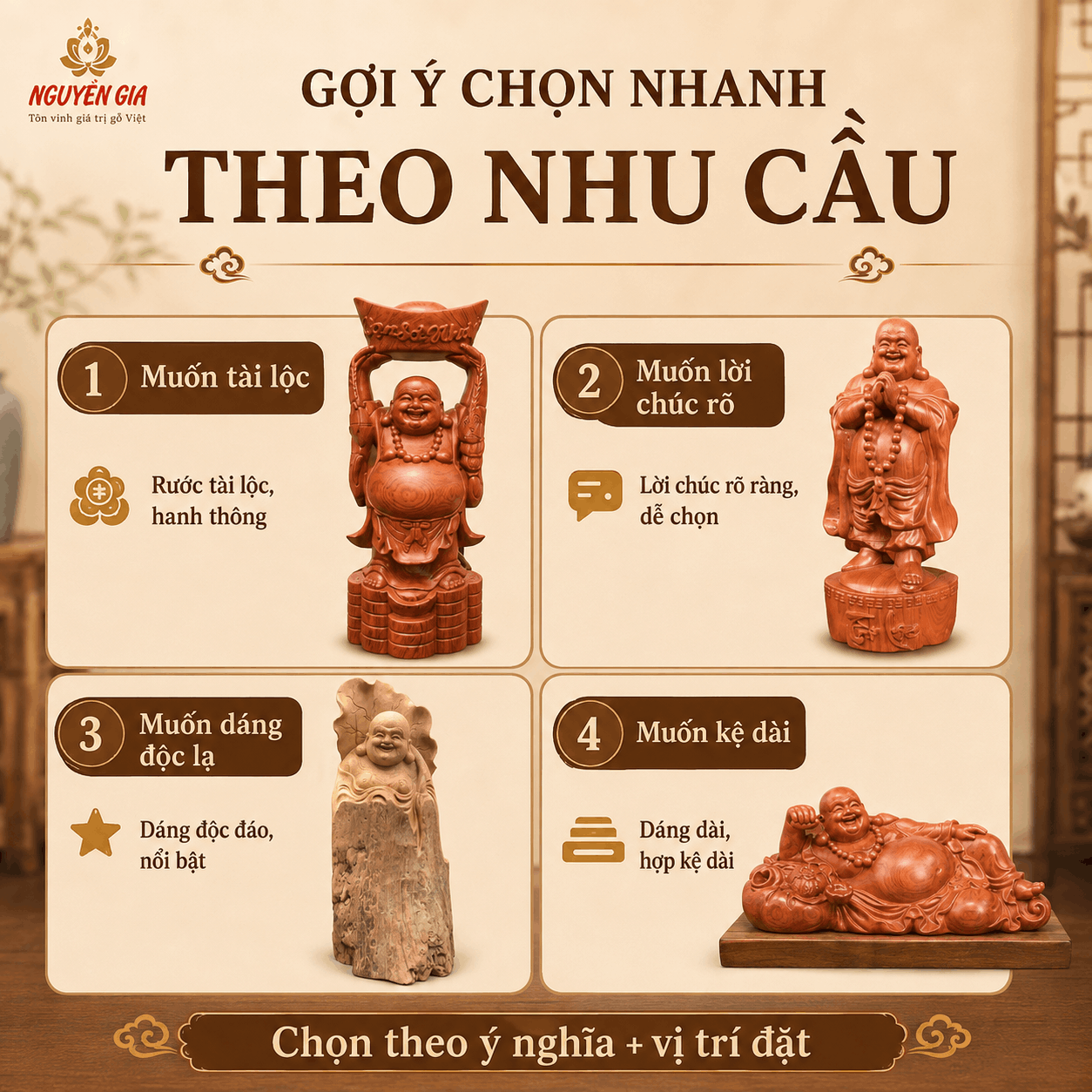 Các hình tượng Phật Di Lặc trong điêu khắc gỗ khác nhau thế nào?