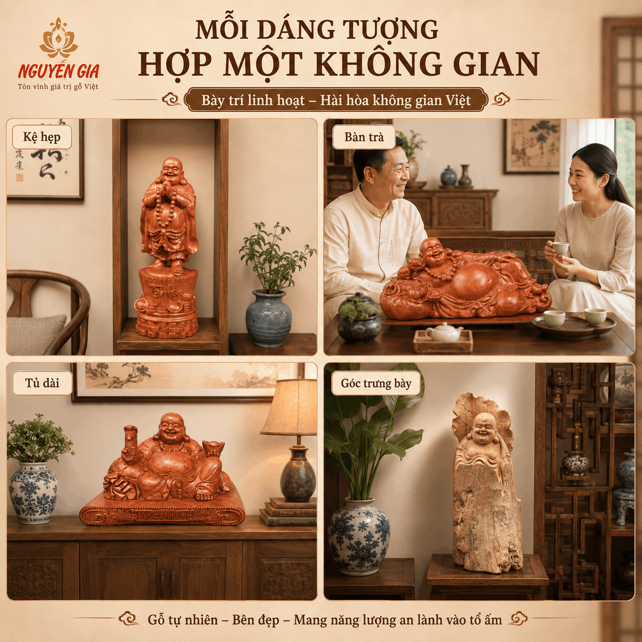 Các hình tượng Phật Di Lặc trong điêu khắc gỗ khác nhau thế nào?