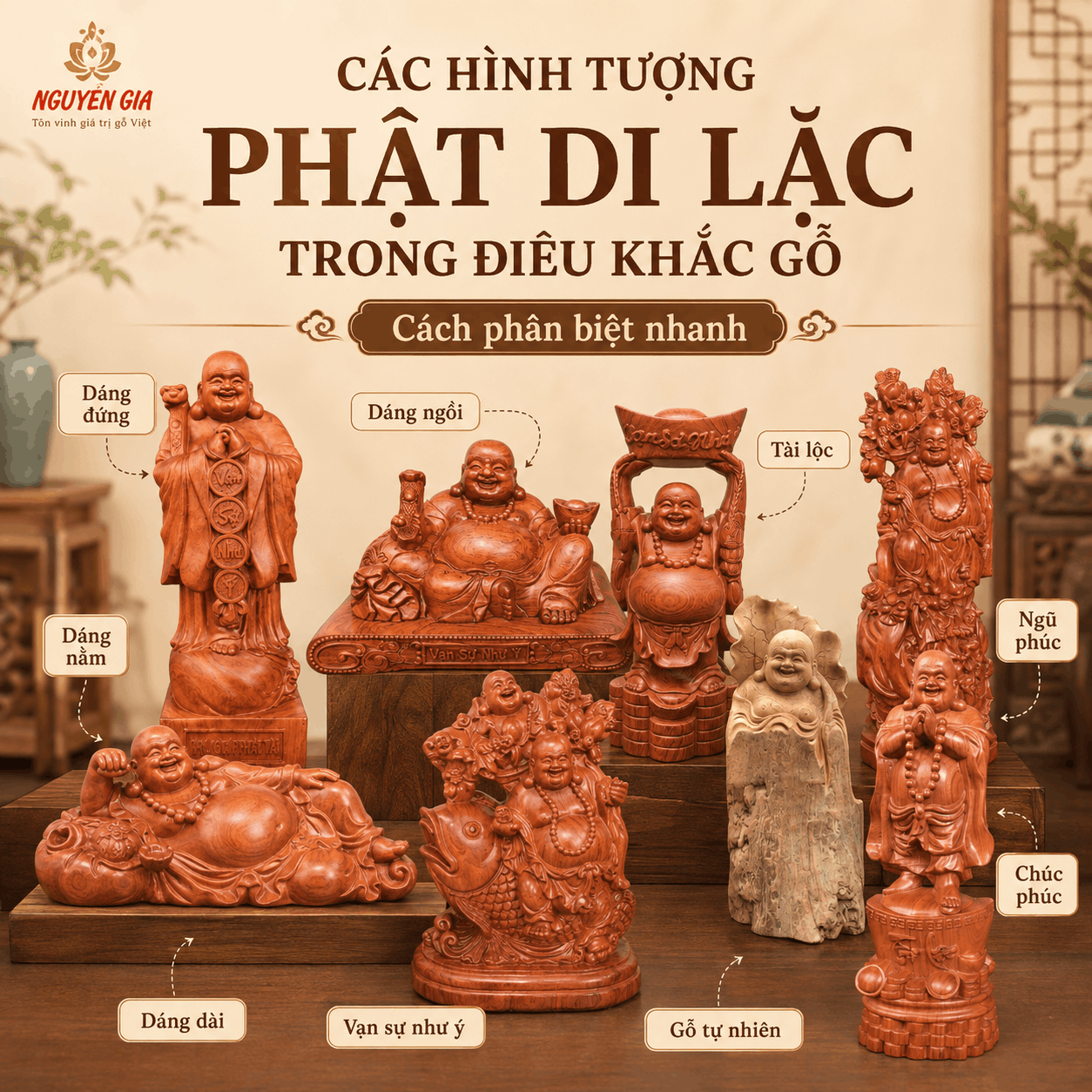 Các hình tượng Phật Di Lặc trong điêu khắc gỗ khác nhau thế nào?