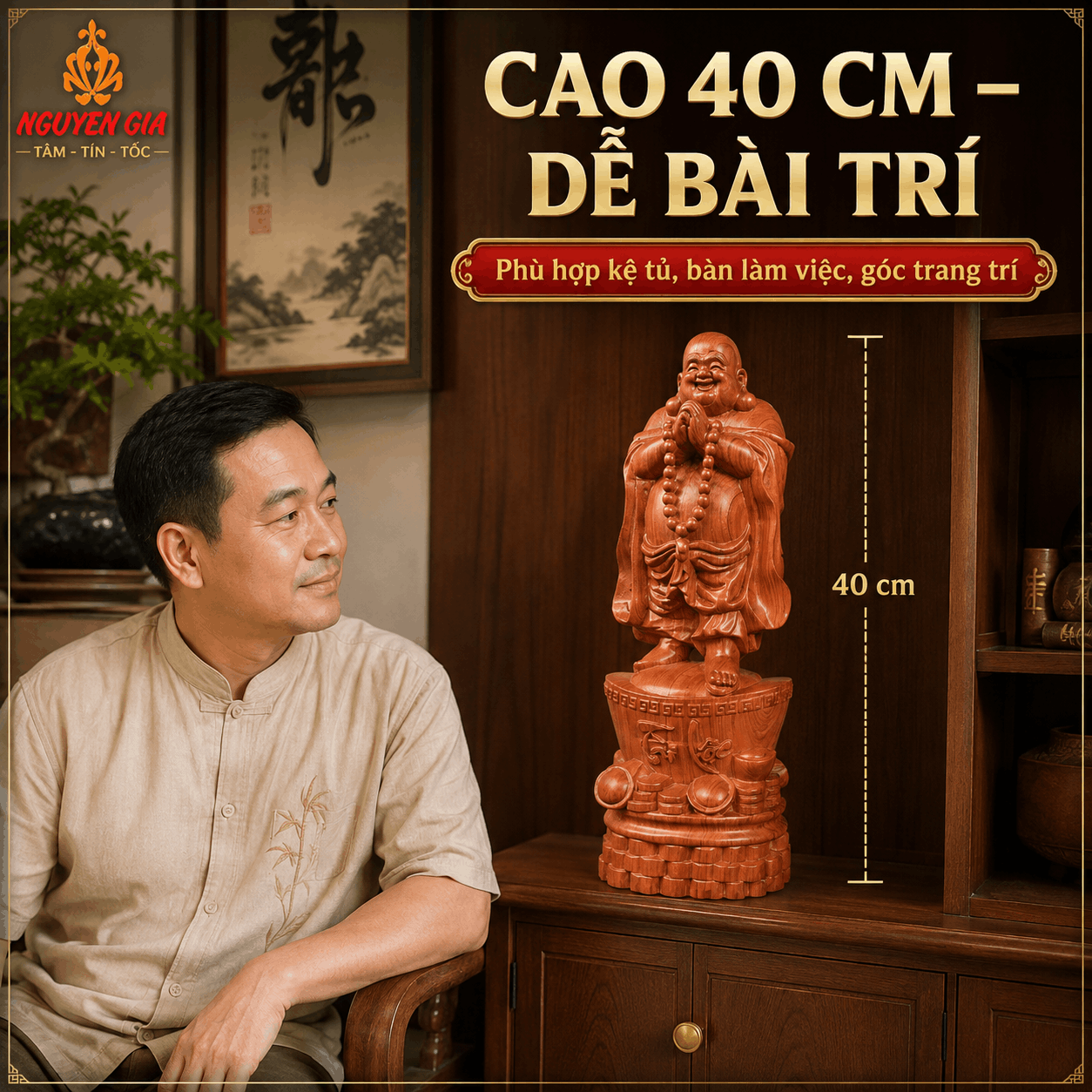 Tượng Di Lặc Chúc Phúc Tài Lộc Cao 40 cm Bằng Gỗ Hương