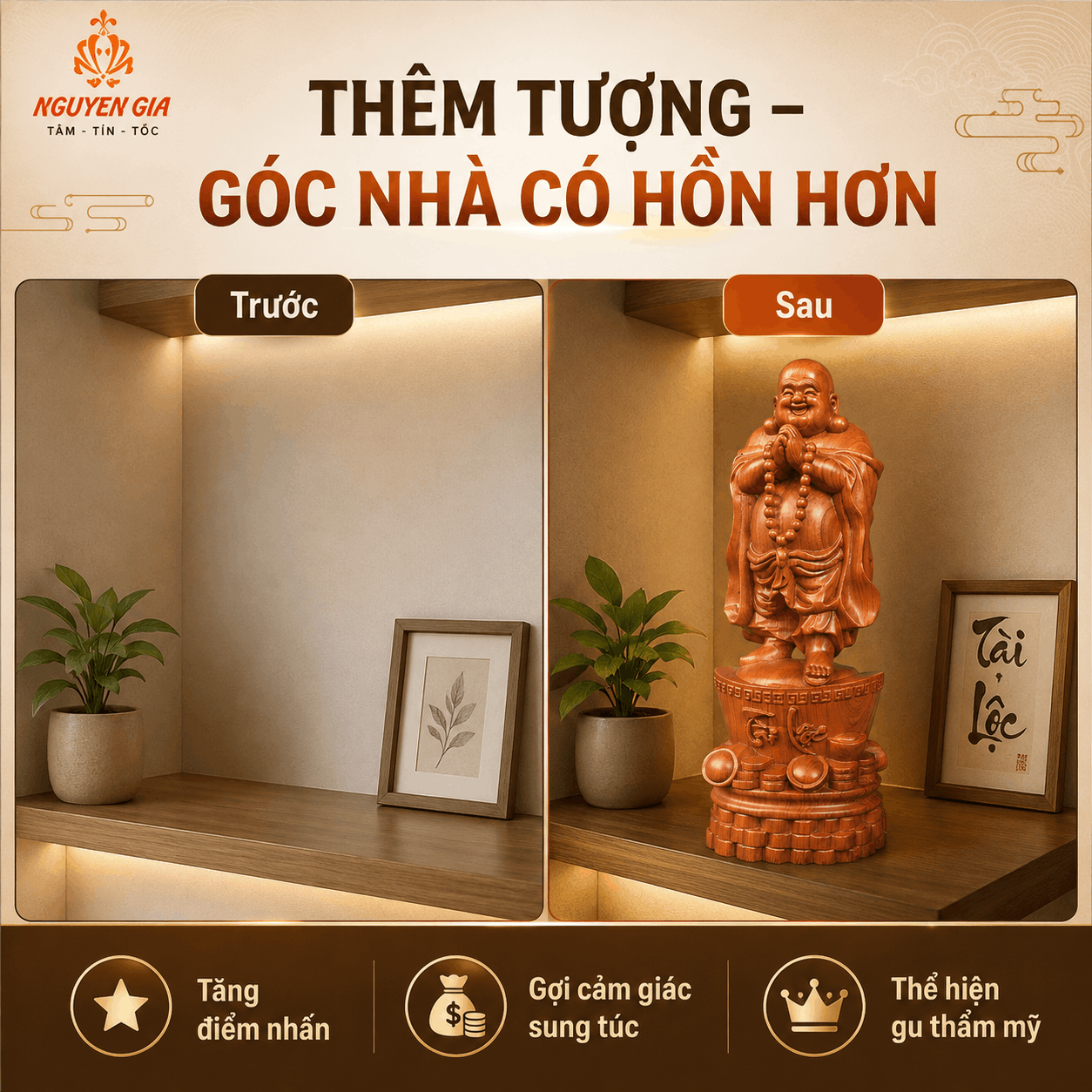 Tượng Di Lặc Chúc Phúc Tài Lộc Cao 40 cm Bằng Gỗ Hương