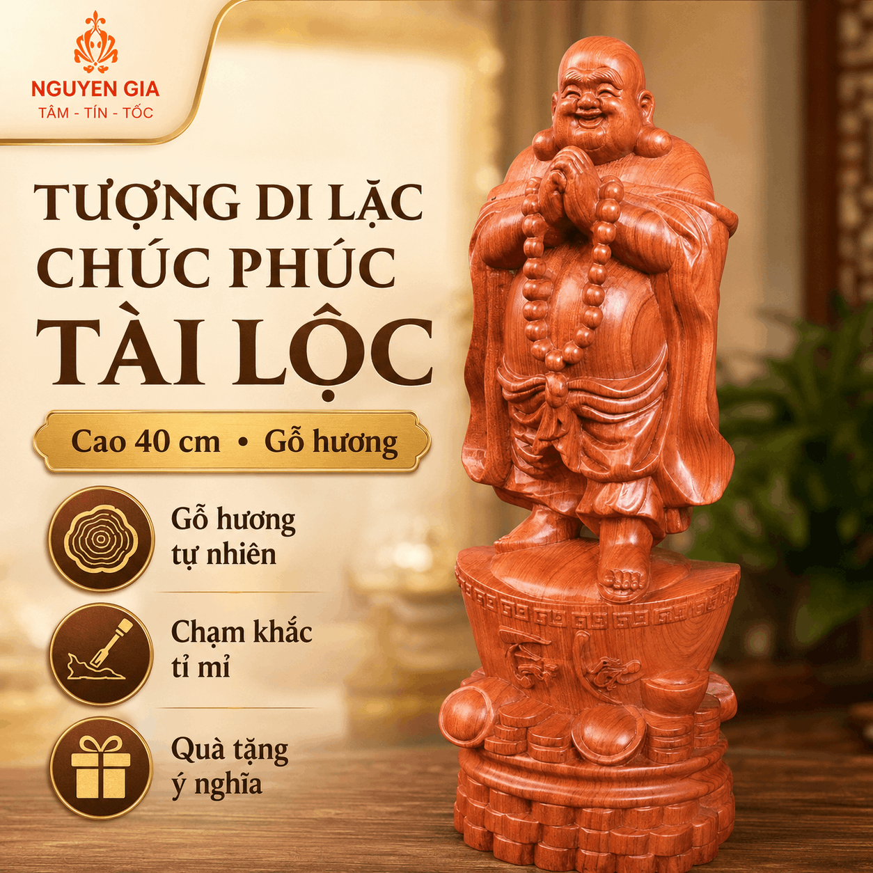 Tượng Di Lặc Chúc Phúc Tài Lộc Cao 40 cm Bằng Gỗ Hương