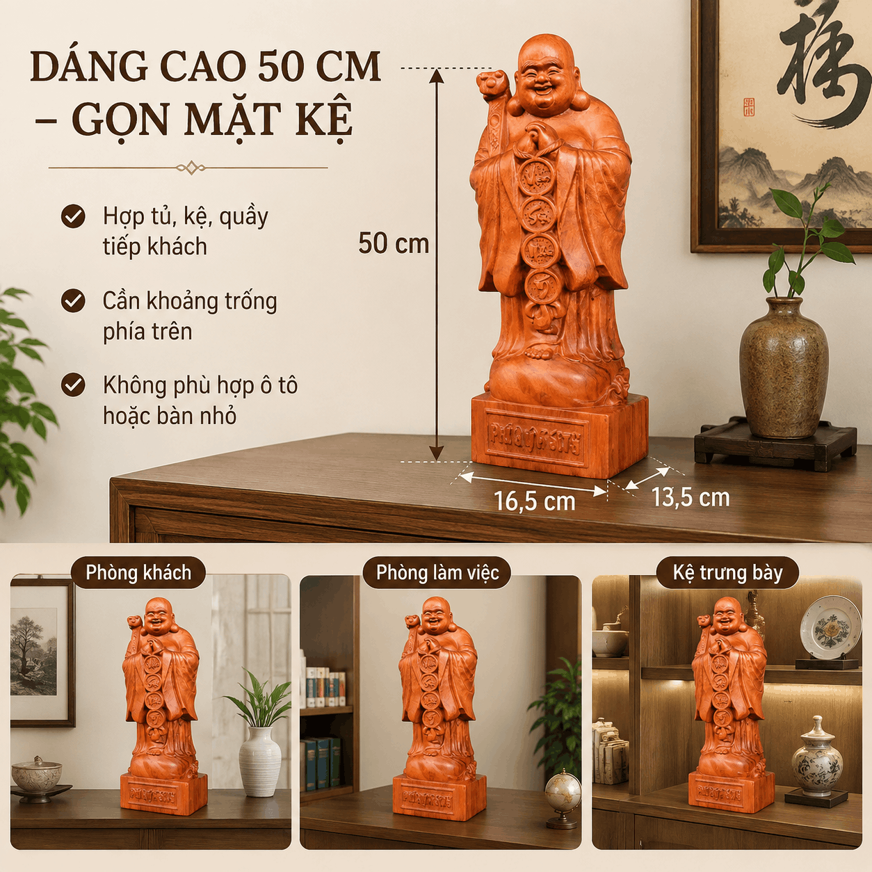 Tượng Di Lặc Chúc Phúc Vạn Sự Như Ý Cao 50 cm Bằng Gỗ Hương