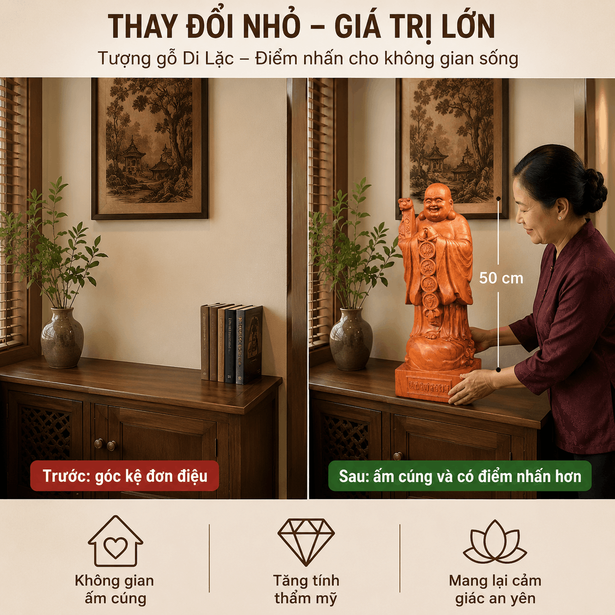 Tượng Di Lặc Chúc Phúc Vạn Sự Như Ý Cao 50 cm Bằng Gỗ Hương
