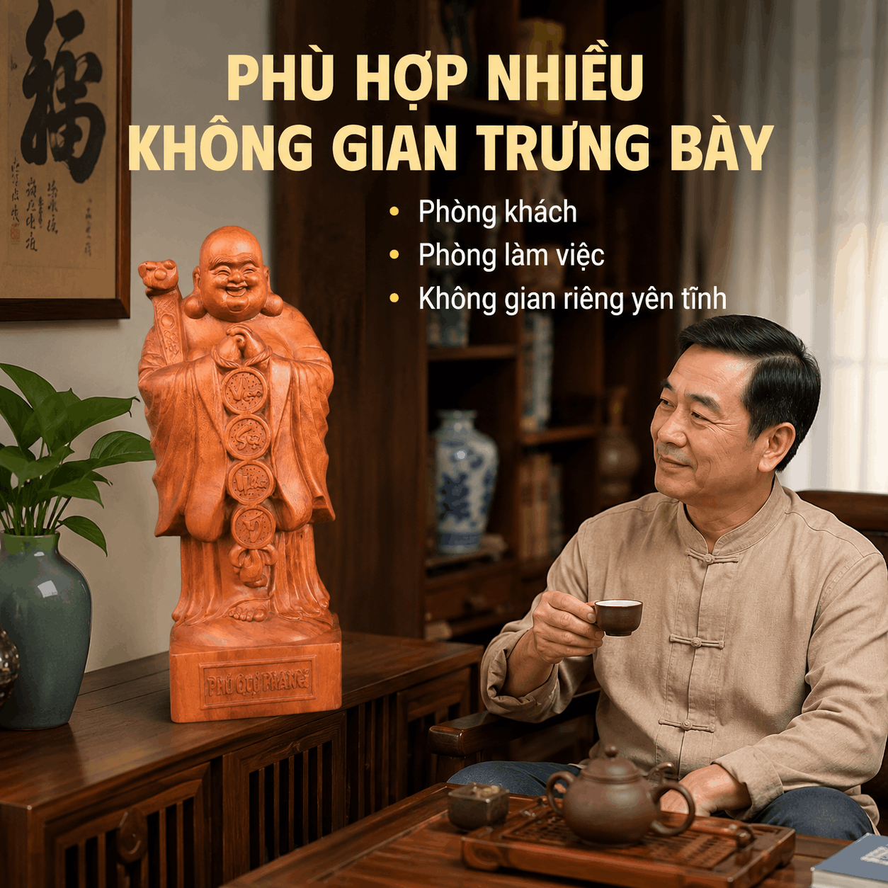 Tượng Di Lặc Chúc Phúc Vạn Sự Như Ý Cao 50 cm Bằng Gỗ Hương