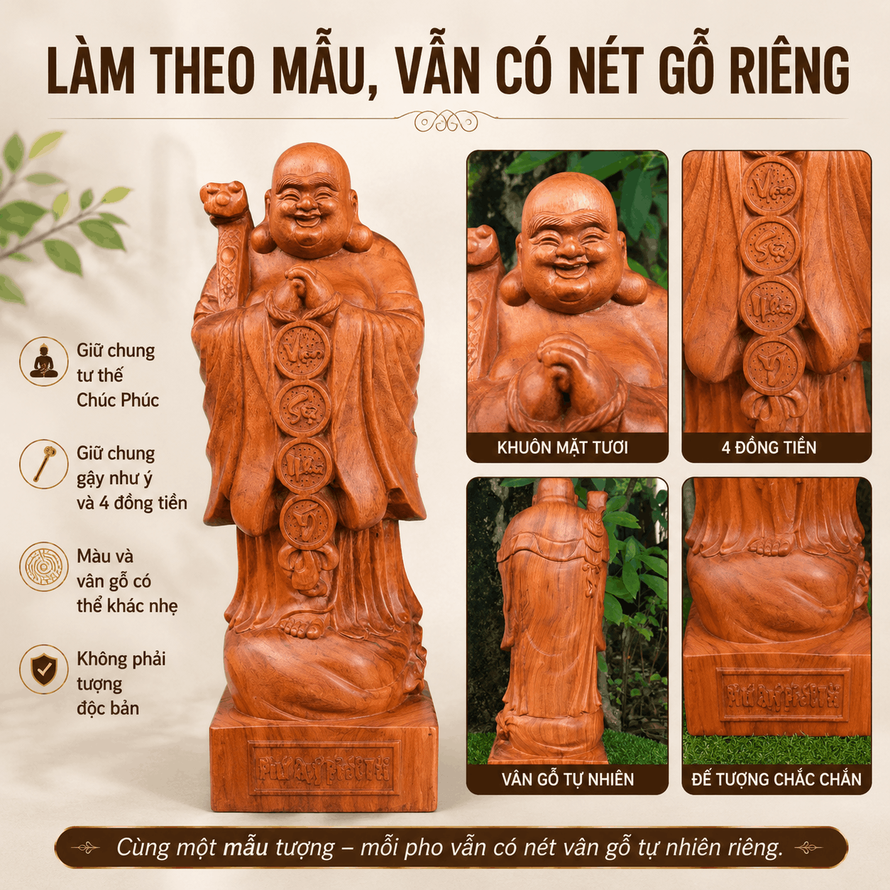 Tượng Di Lặc Chúc Phúc Vạn Sự Như Ý Cao 50 cm Bằng Gỗ Hương
