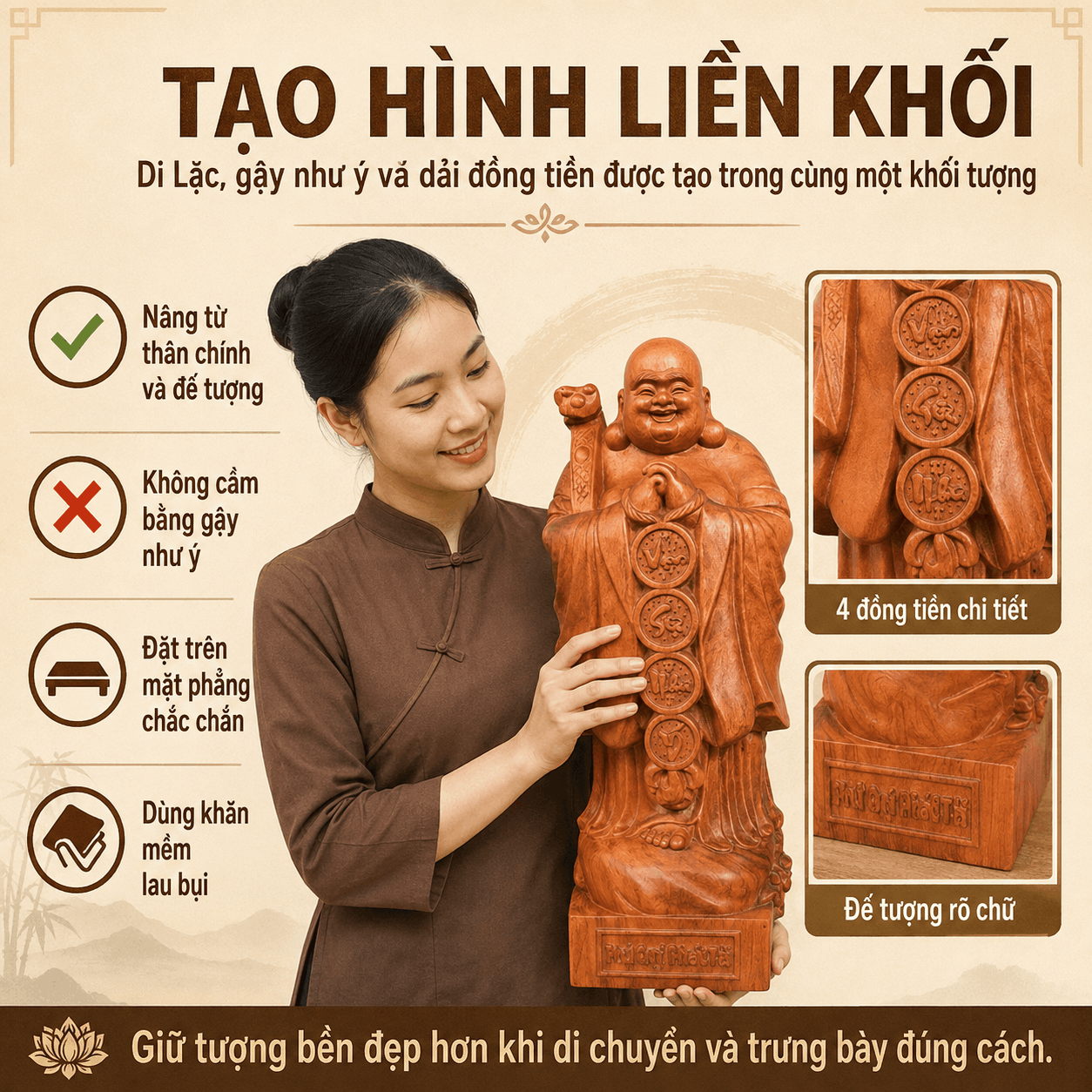 Tượng Di Lặc Chúc Phúc Vạn Sự Như Ý Cao 50 cm Bằng Gỗ Hương