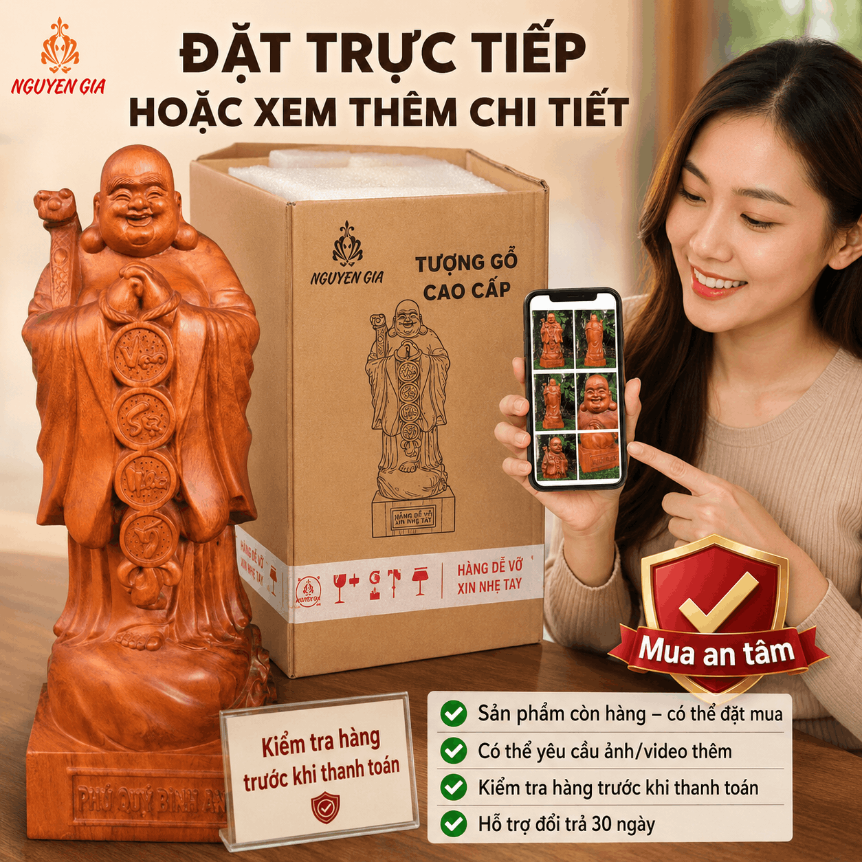 Tượng Di Lặc Chúc Phúc Vạn Sự Như Ý Cao 50 cm Bằng Gỗ Hương