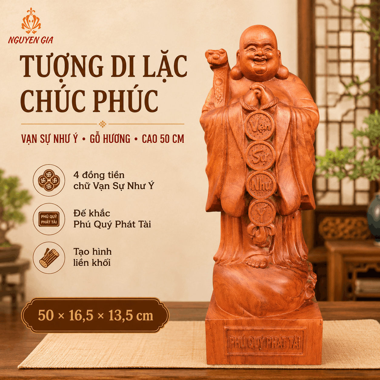 Tượng Di Lặc Chúc Phúc Vạn Sự Như Ý Cao 50 cm Bằng Gỗ Hương