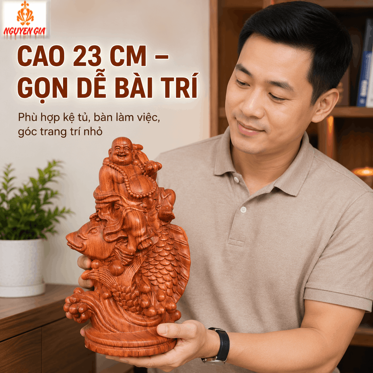 Tượng Di Lặc Cưỡi Cá Chép Cầm Gậy Như Ý Cao 23 cm Bằng Gỗ Hương