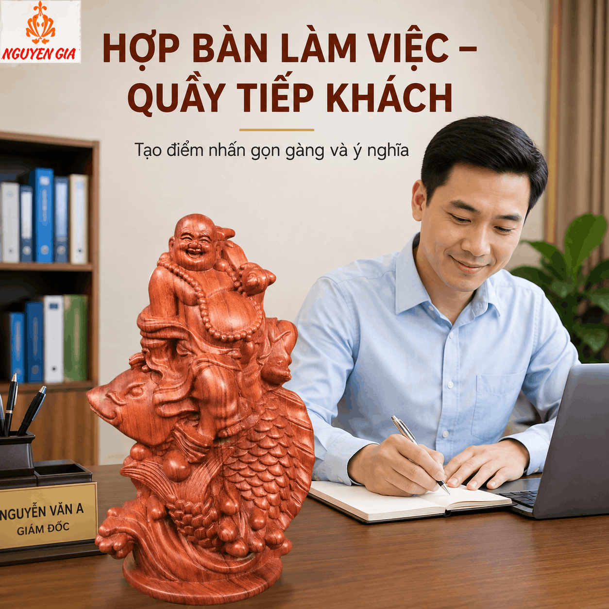 Tượng Di Lặc Cưỡi Cá Chép Cầm Gậy Như Ý Cao 23 cm Bằng Gỗ Hương