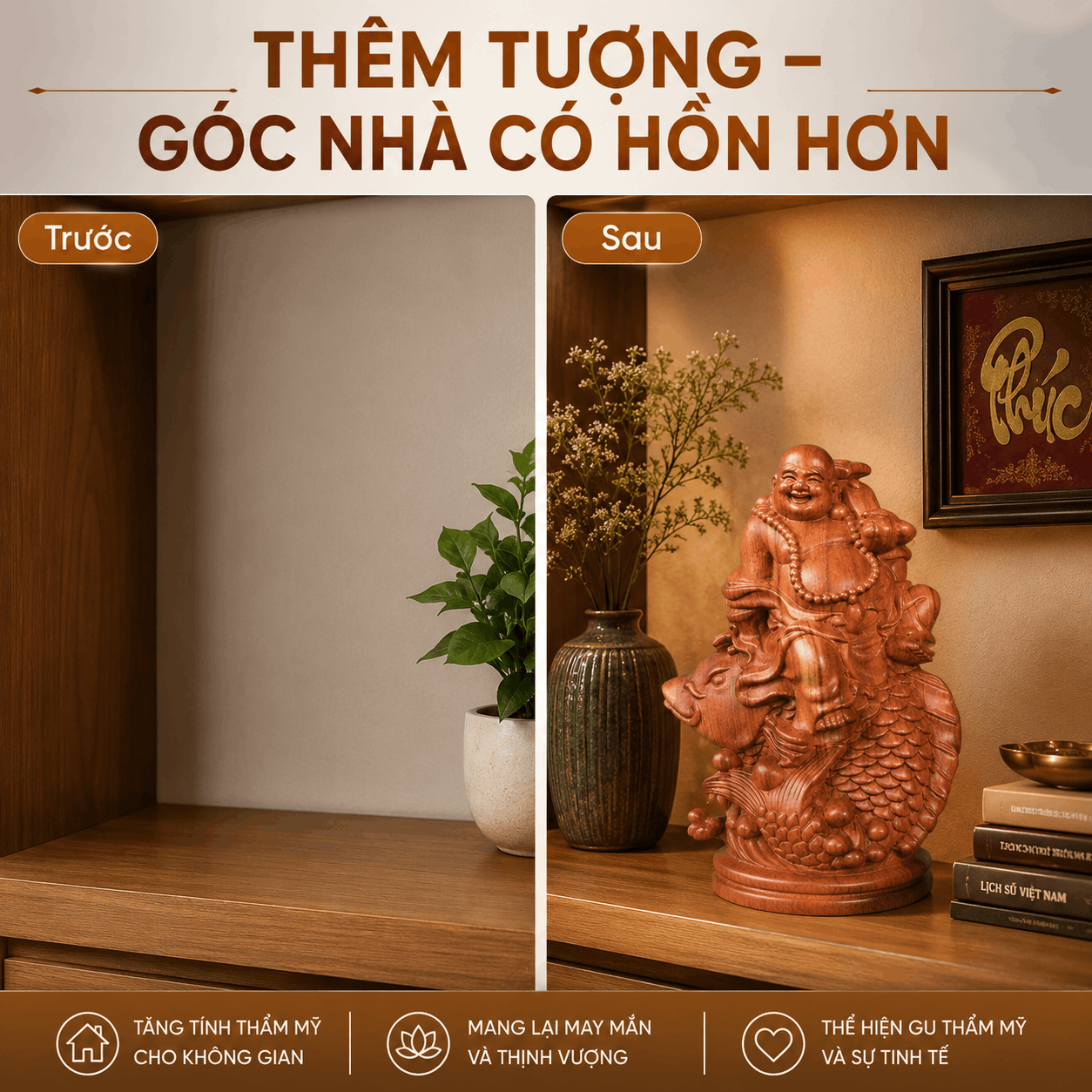 Tượng Di Lặc Cưỡi Cá Chép Cầm Gậy Như Ý Cao 23 cm Bằng Gỗ Hương