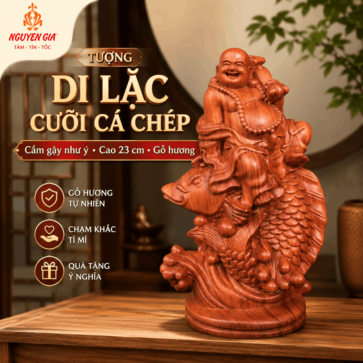 Tượng Di Lặc Cưỡi Cá Chép Cầm Gậy Như Ý Cao 23 cm Bằng Gỗ Hương