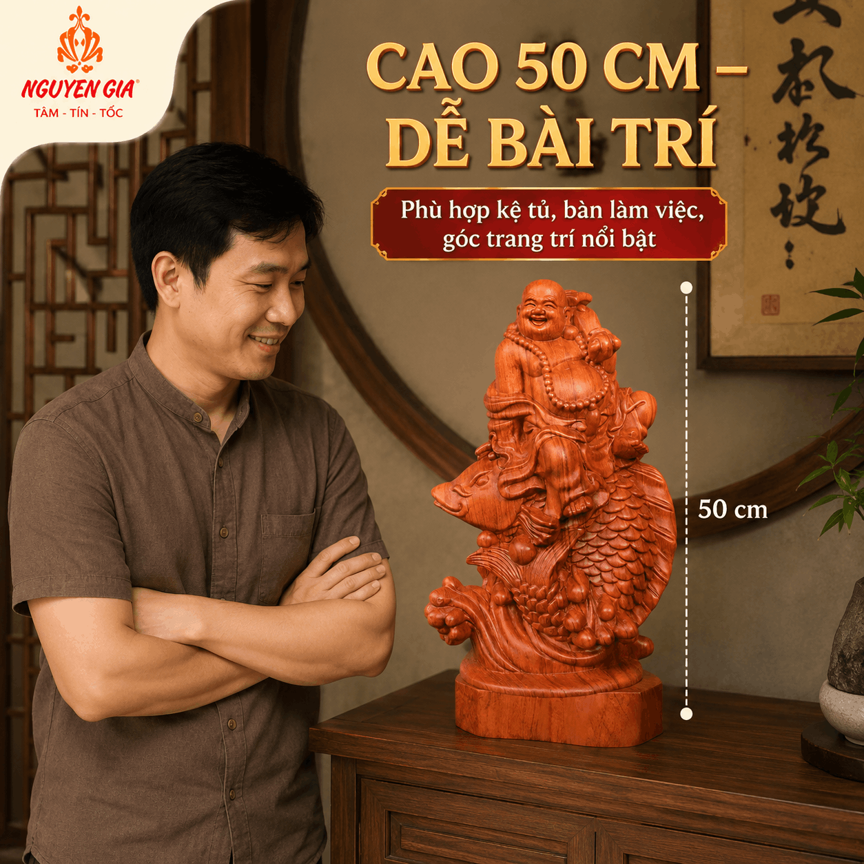 Tượng Di Lặc Cưỡi Cá Chép Cầm Gậy Như Ý Cao 50 cm Bằng Gỗ Hương