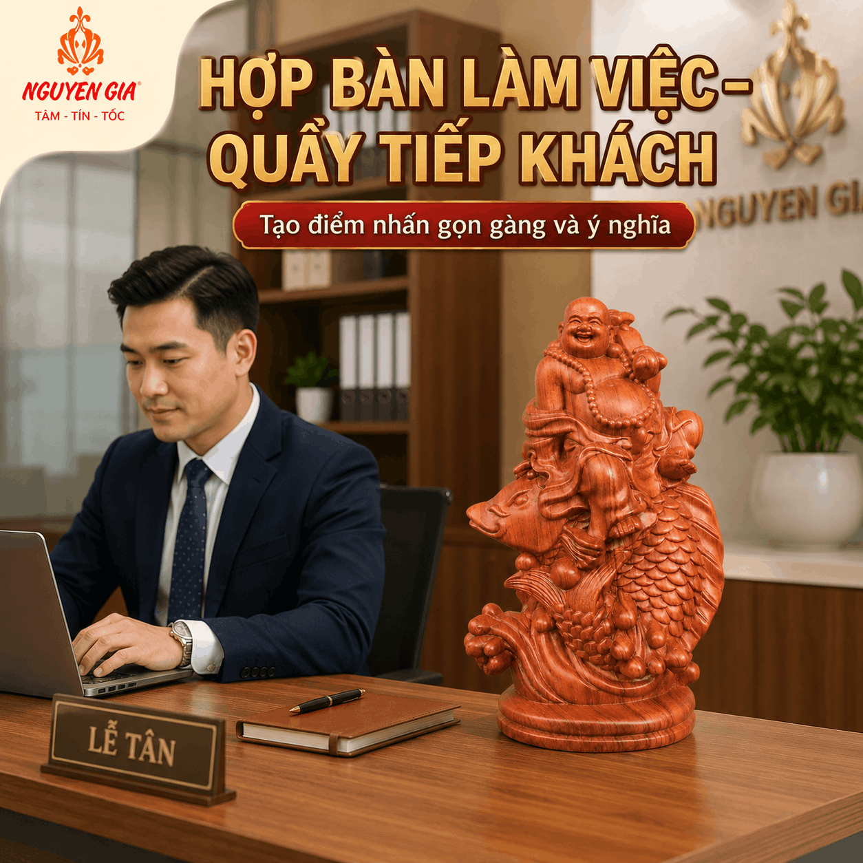 Tượng Di Lặc Cưỡi Cá Chép Cầm Gậy Như Ý Cao 50 cm Bằng Gỗ Hương