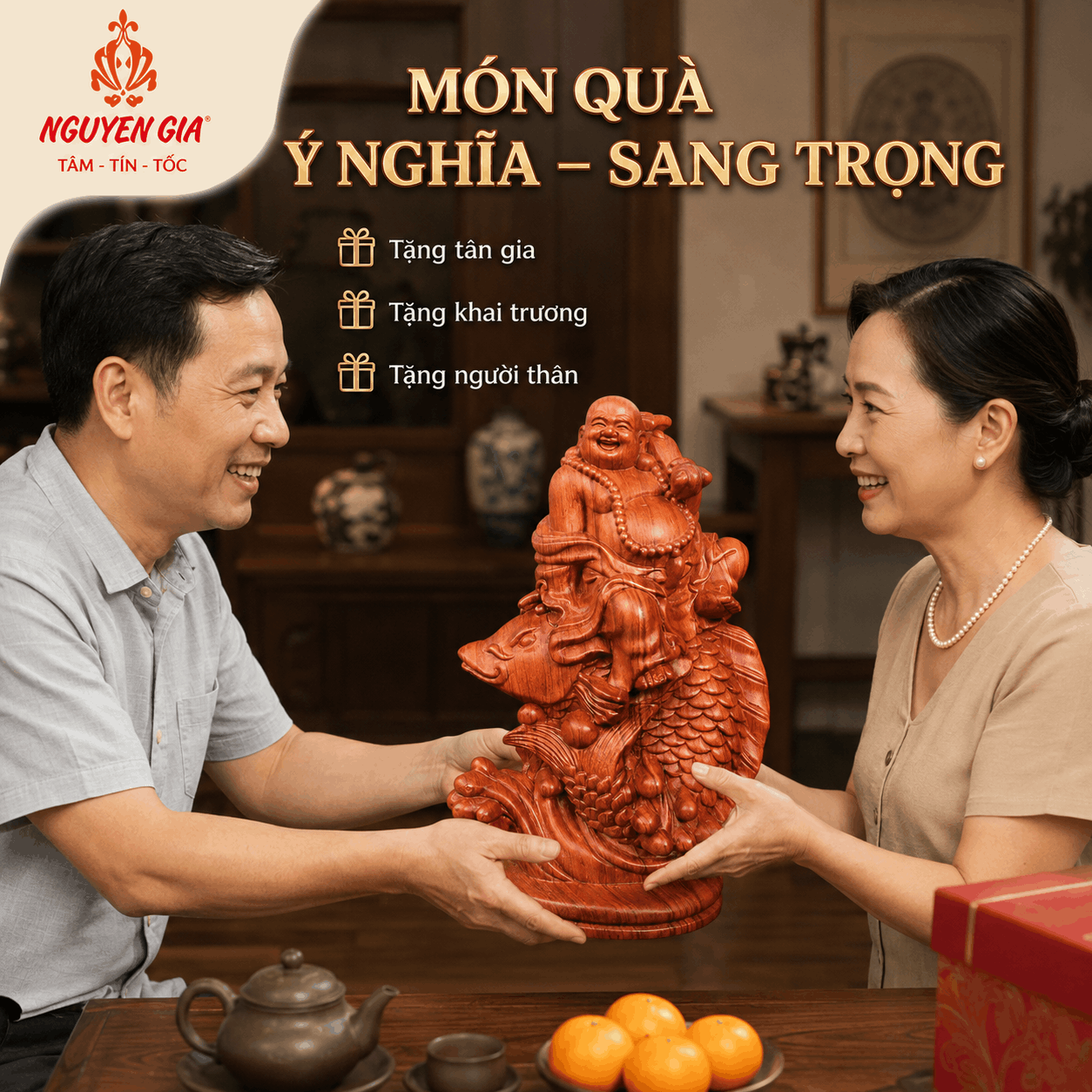 Tượng Di Lặc Cưỡi Cá Chép Cầm Gậy Như Ý Cao 50 cm Bằng Gỗ Hương