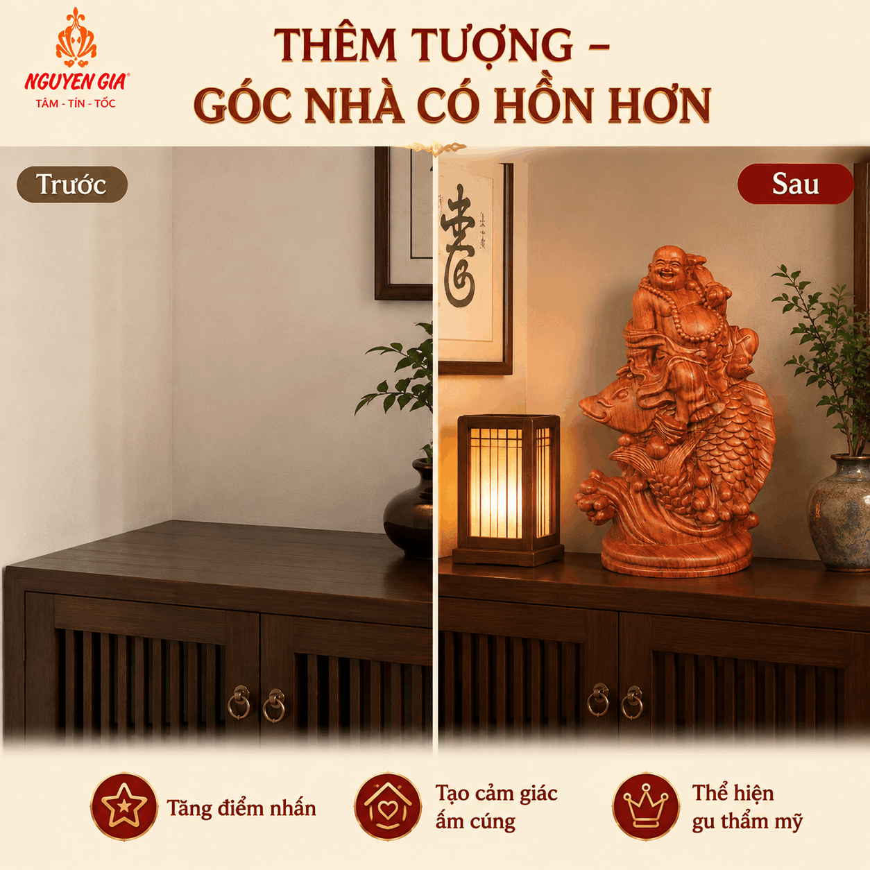 Tượng Di Lặc Cưỡi Cá Chép Cầm Gậy Như Ý Cao 50 cm Bằng Gỗ Hương