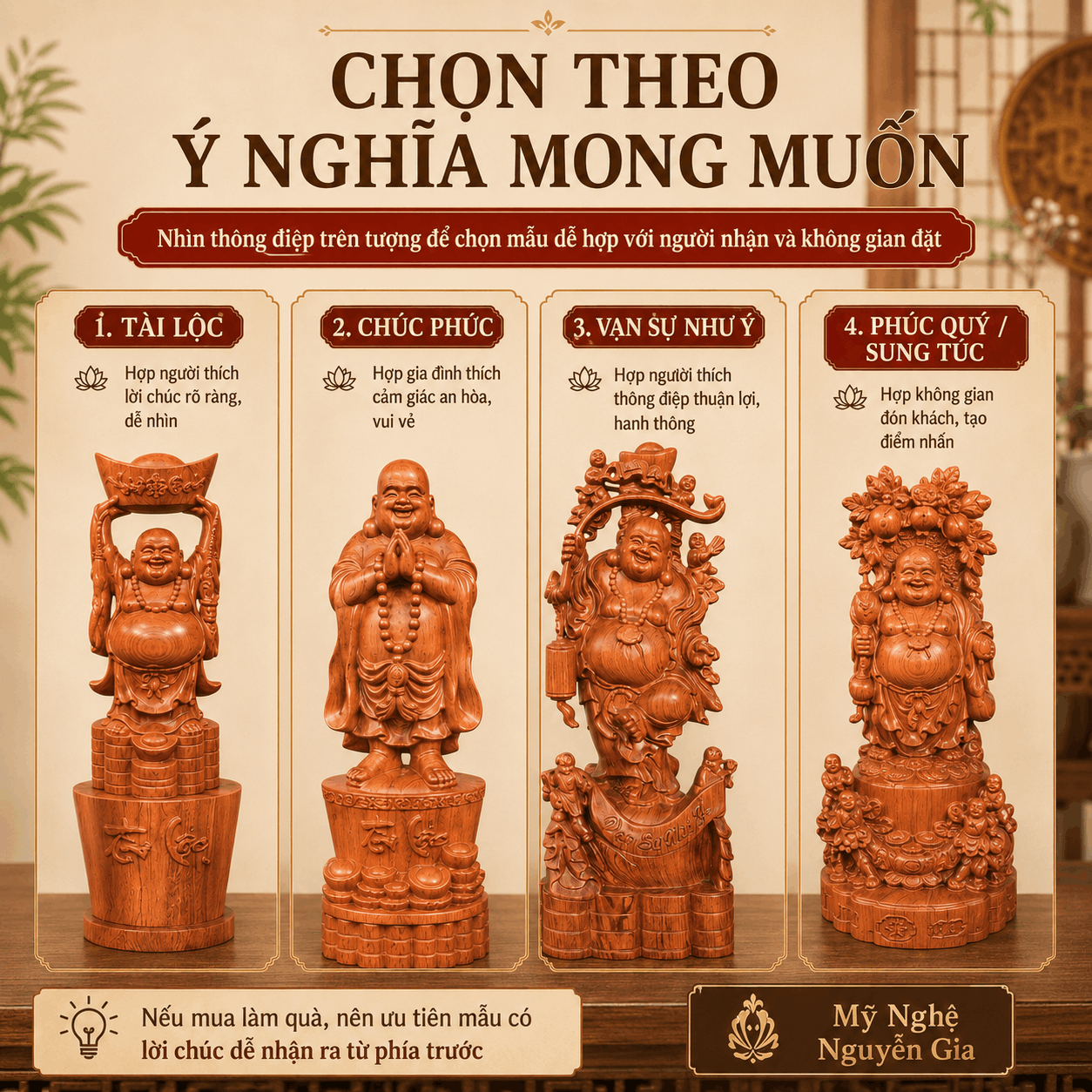 Tượng Di Lặc đứng bằng gỗ: c&oacute; những kiểu n&agrave;o, n&ecirc;n chọn ra sao?