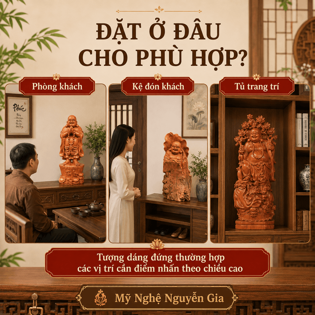 Tượng Di Lặc đứng bằng gỗ: c&oacute; những kiểu n&agrave;o, n&ecirc;n chọn ra sao?