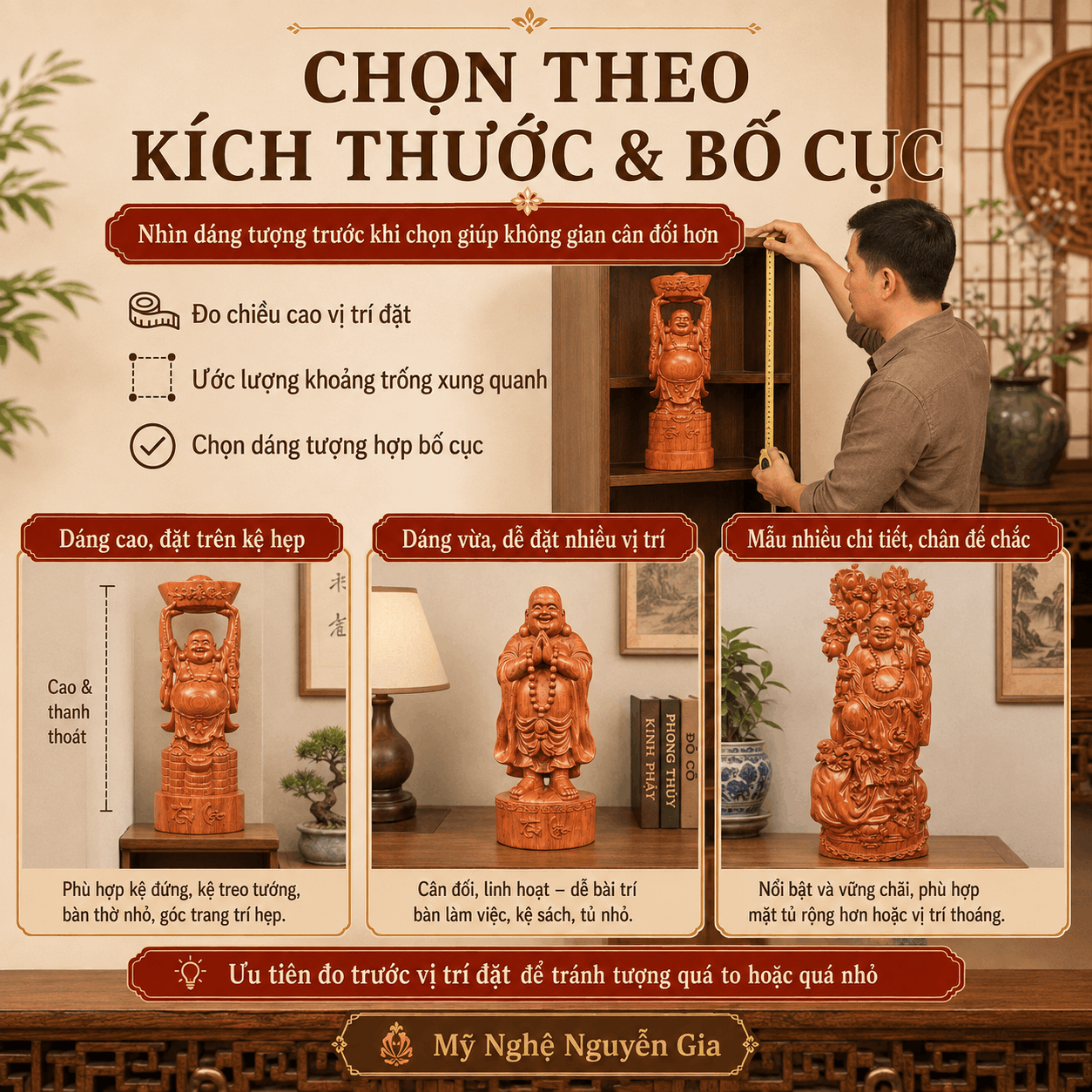 Tượng Di Lặc đứng bằng gỗ: c&oacute; những kiểu n&agrave;o, n&ecirc;n chọn ra sao?