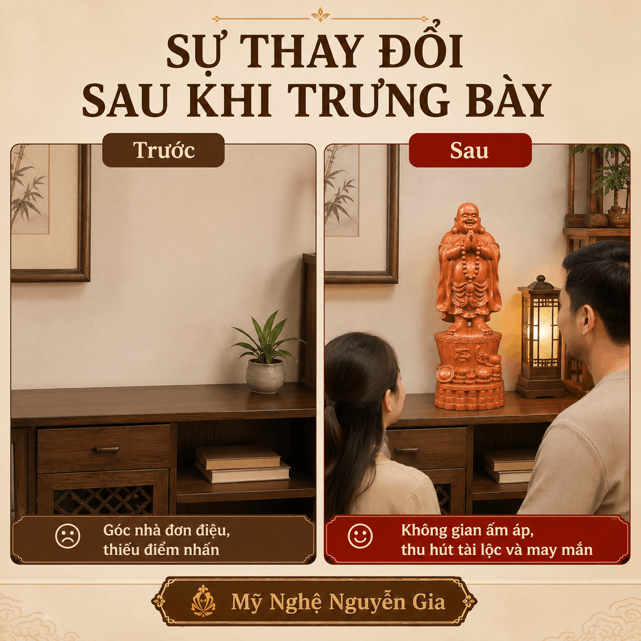Tượng Di Lặc đứng bằng gỗ: c&oacute; những kiểu n&agrave;o, n&ecirc;n chọn ra sao?