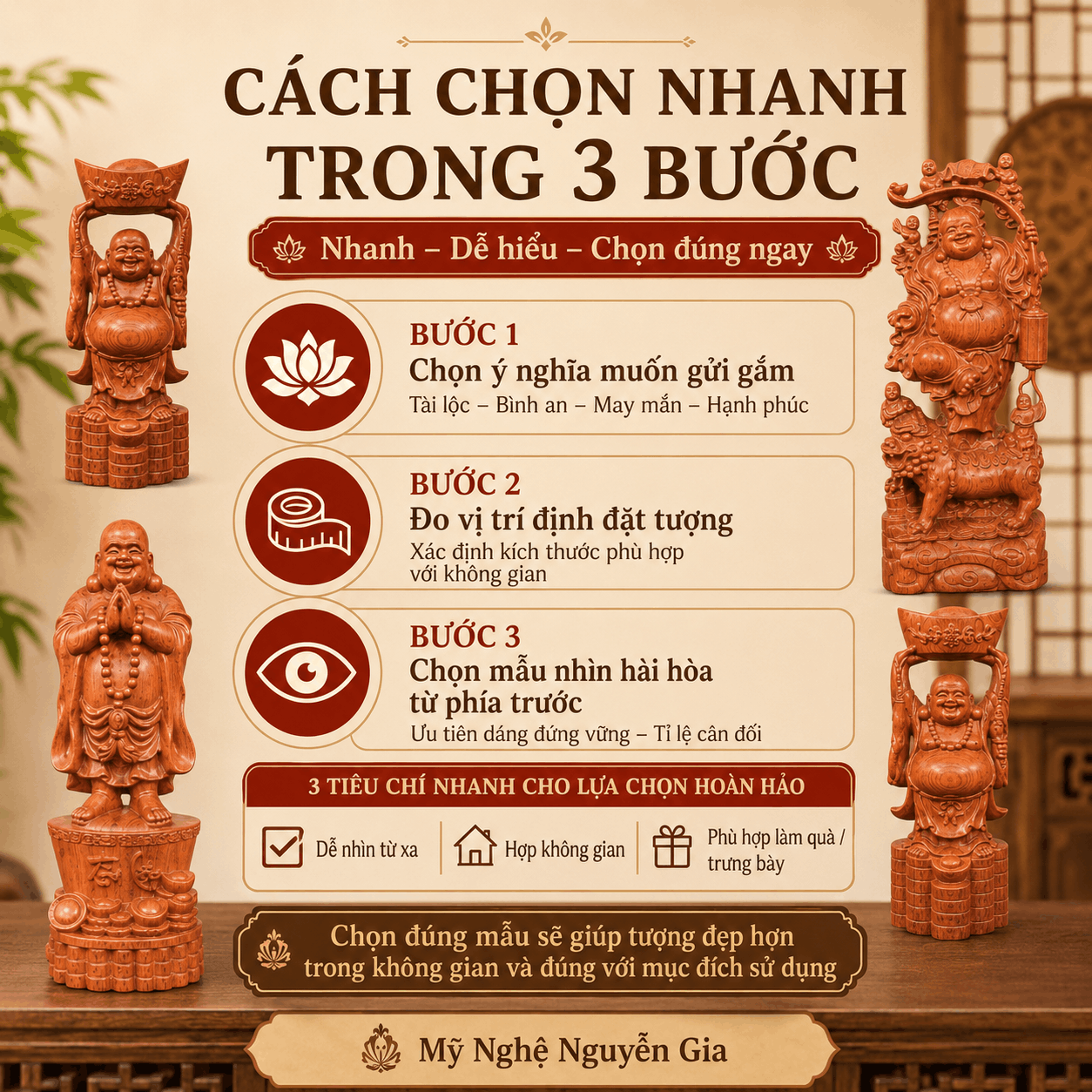 Tượng Di Lặc đứng bằng gỗ: c&oacute; những kiểu n&agrave;o, n&ecirc;n chọn ra sao?