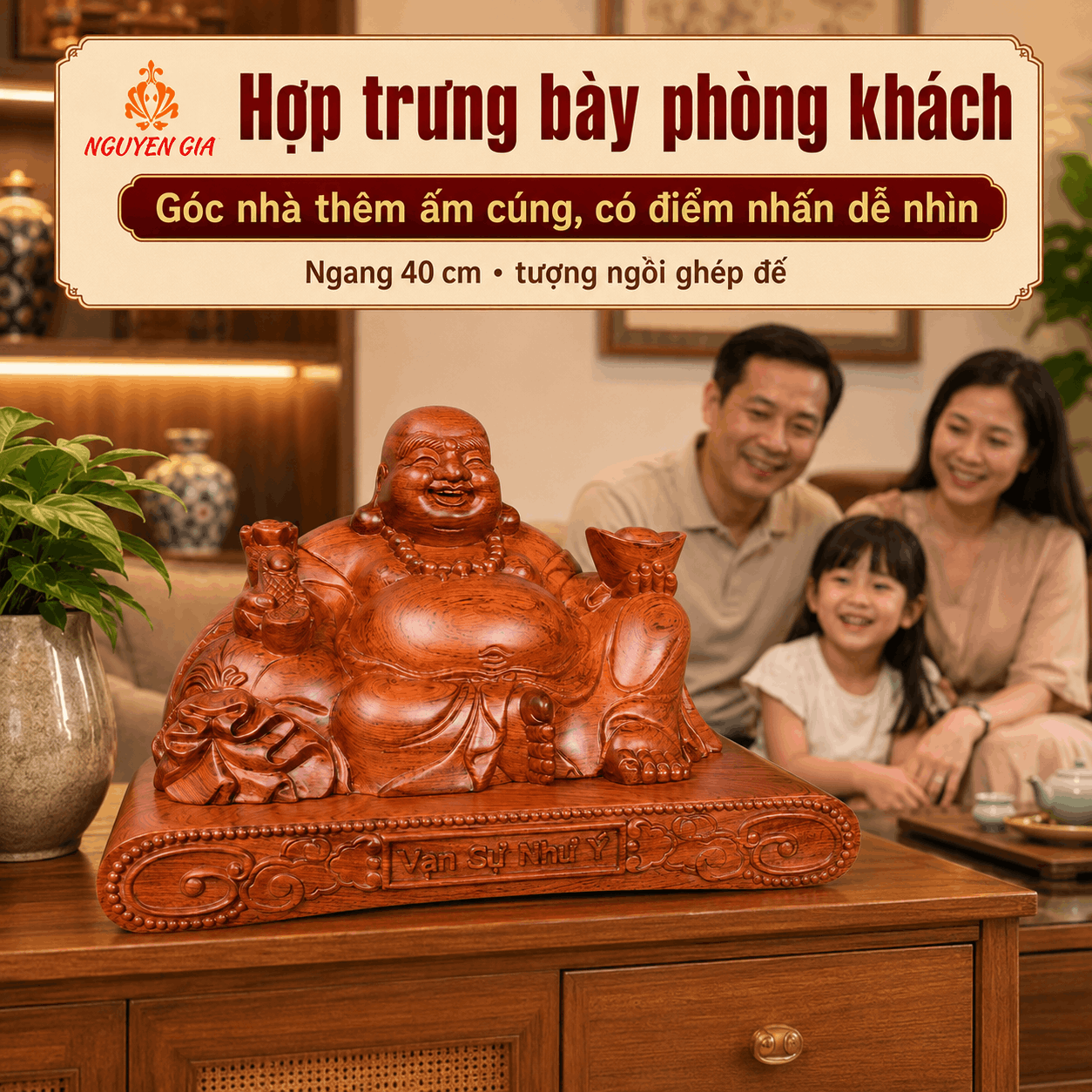 Tượng Di Lặc ngồi Vạn Sự Như Ý gỗ Hương ngang 40 cm – ghép đế