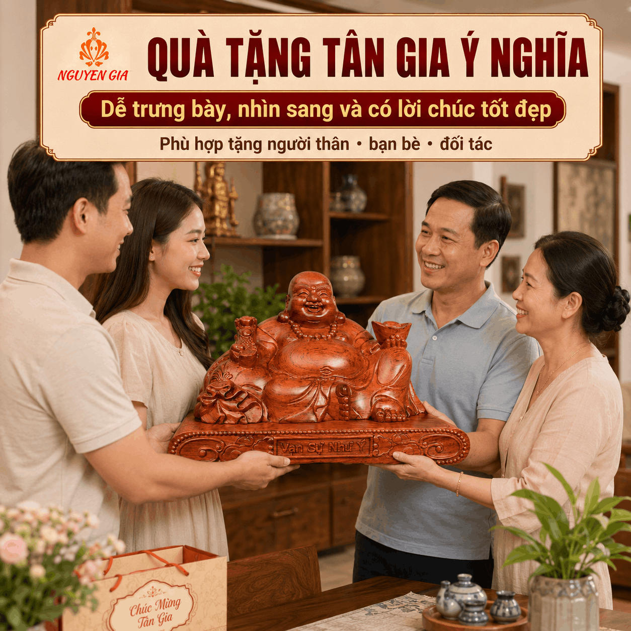 Tượng Di Lặc ngồi Vạn Sự Như Ý gỗ Hương ngang 40 cm – ghép đế