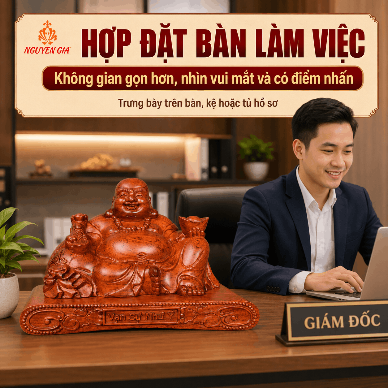 Tượng Di Lặc ngồi Vạn Sự Như Ý gỗ Hương ngang 40 cm – ghép đế