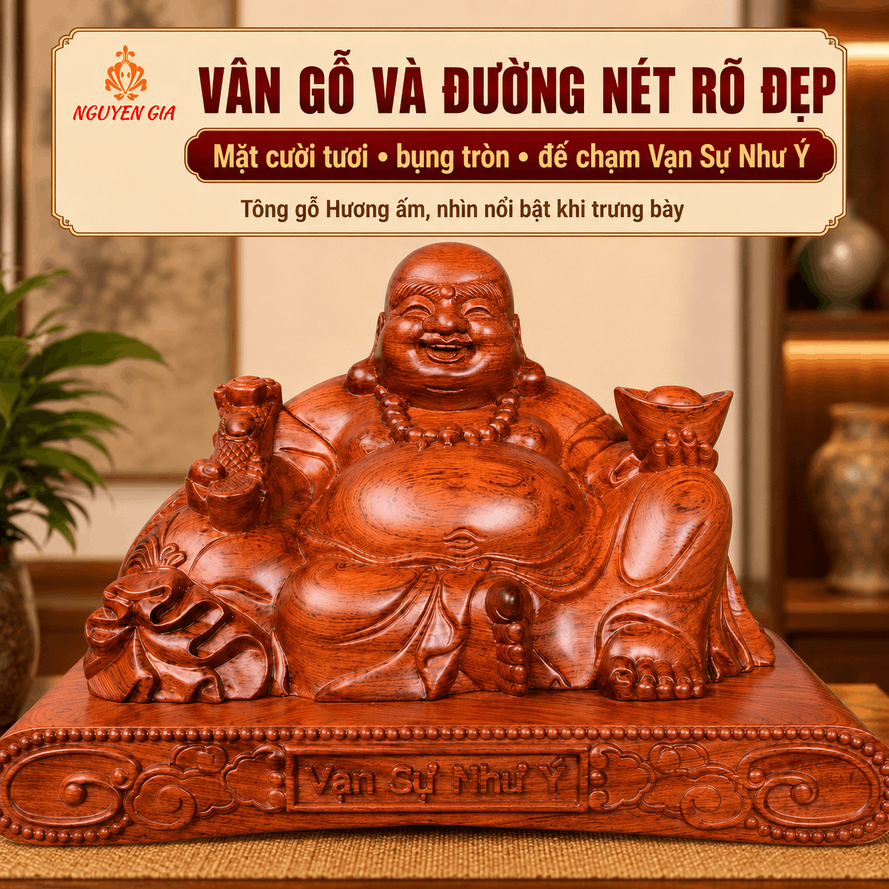 Tượng Di Lặc ngồi Vạn Sự Như Ý gỗ Hương ngang 40 cm – ghép đế