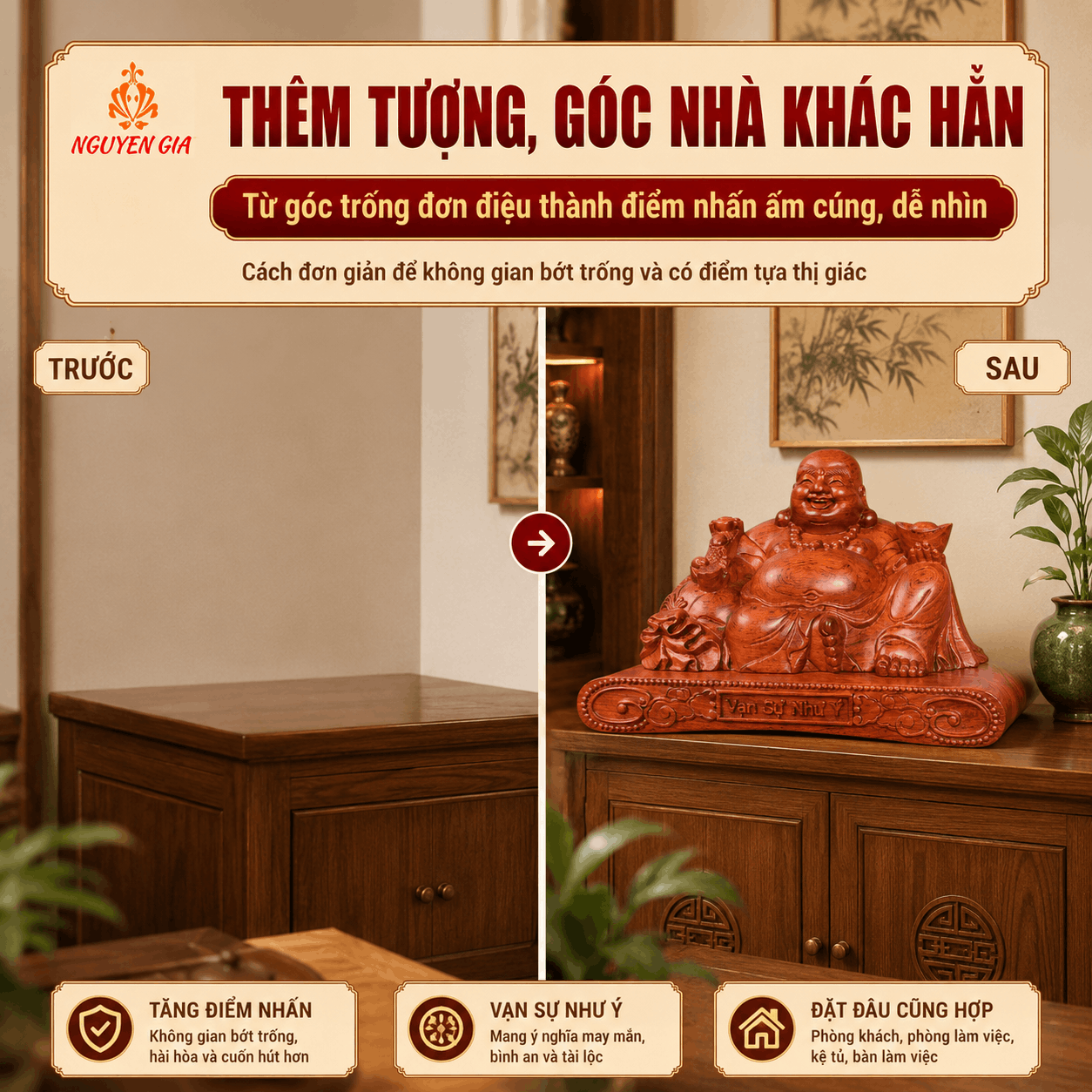 Tượng Di Lặc ngồi Vạn Sự Như Ý gỗ Hương ngang 40 cm – ghép đế