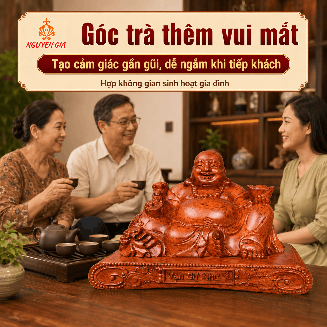 Tượng Di Lặc ngồi Vạn Sự Như Ý gỗ Hương ngang 40 cm – ghép đế