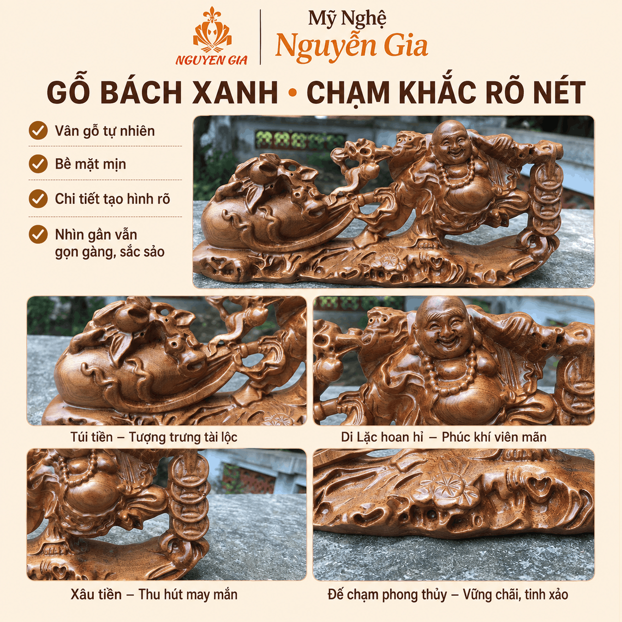 Tượng Di Lặc kéo bao tiền gỗ Bách Xanh