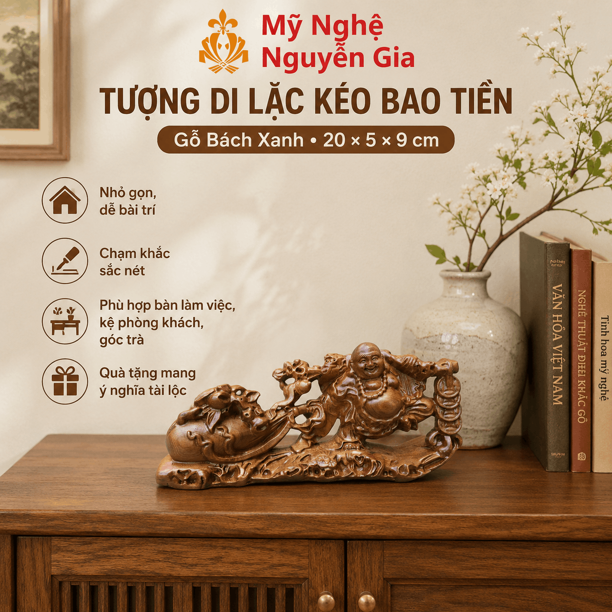 Tượng Di Lặc kéo bao tiền gỗ Bách Xanh