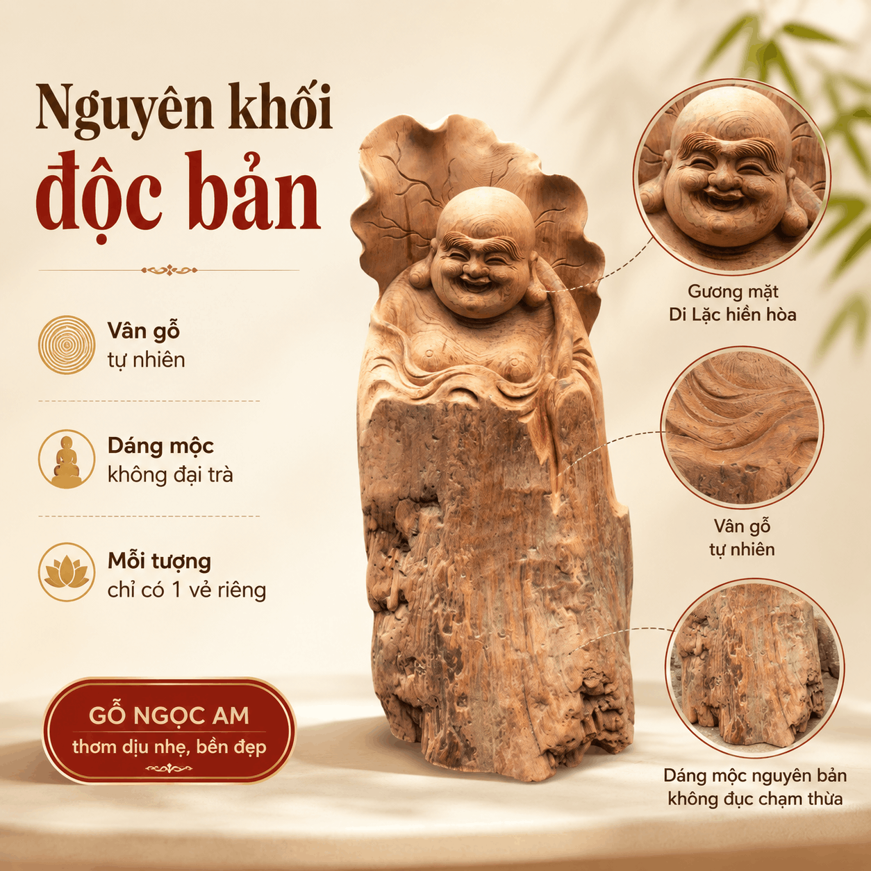 Tượng Di Lặc Lá Sen Gỗ Ngọc Am Nguyên Khối Độc Bản Cao 39 cm