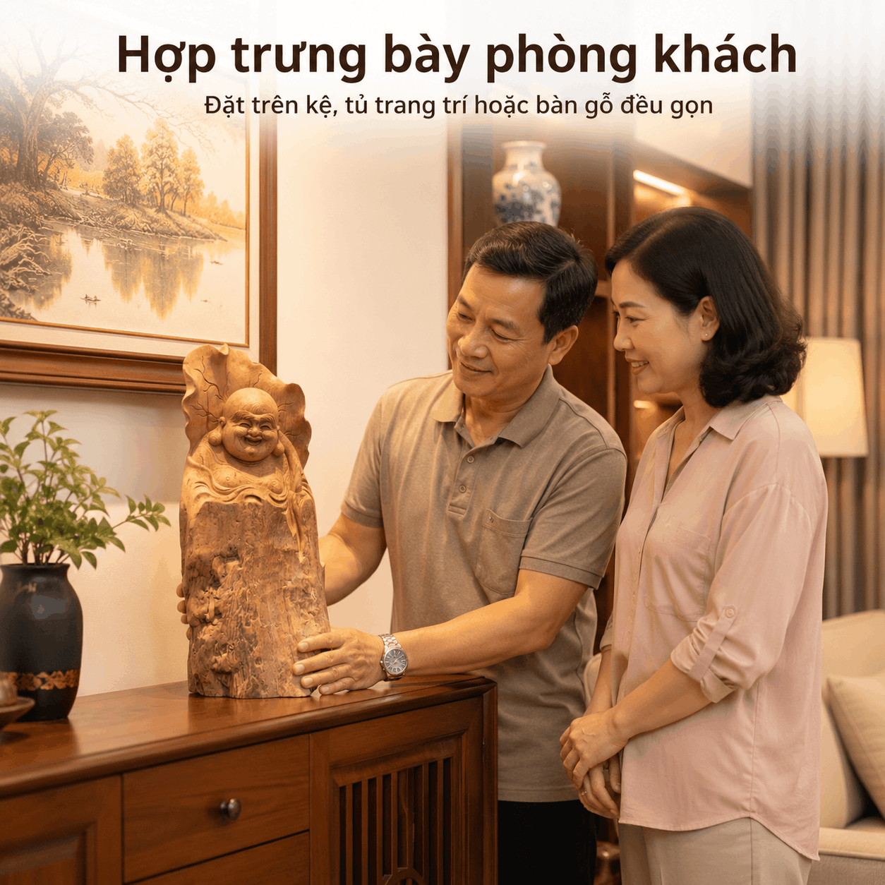 Tượng Di Lặc Lá Sen Gỗ Ngọc Am Nguyên Khối Độc Bản Cao 39 cm