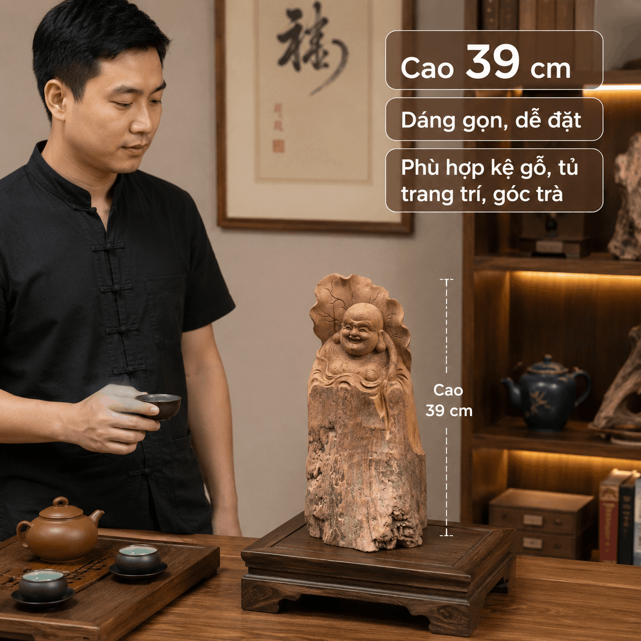 Tượng Di Lặc Lá Sen Gỗ Ngọc Am Nguyên Khối Độc Bản Cao 39 cm