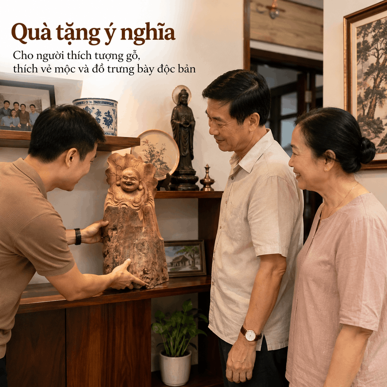 Tượng Di Lặc Lá Sen Gỗ Ngọc Am Nguyên Khối Độc Bản Cao 39 cm