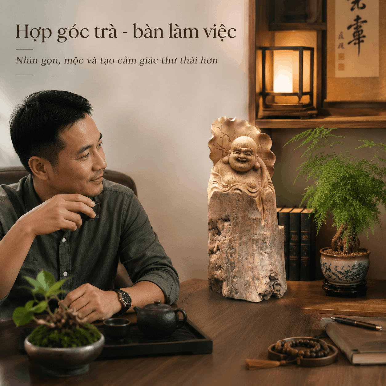 Tượng Di Lặc Lá Sen Gỗ Ngọc Am Nguyên Khối Độc Bản Cao 39 cm