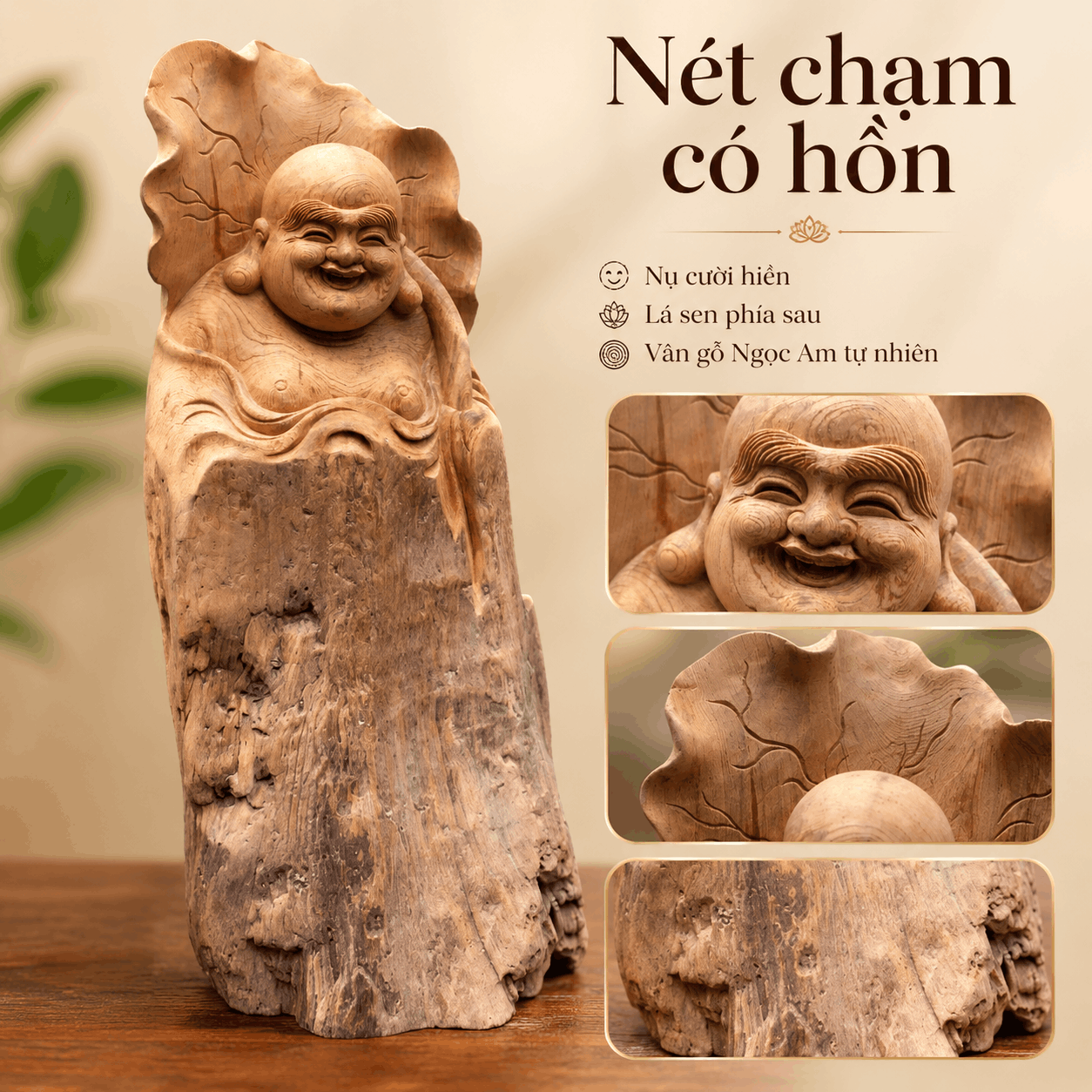 Tượng Di Lặc Lá Sen Gỗ Ngọc Am Nguyên Khối Độc Bản Cao 39 cm