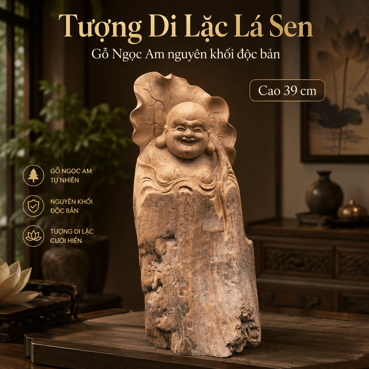 Tượng Di Lặc Lá Sen Gỗ Ngọc Am Nguyên Khối Độc Bản Cao 39 cm