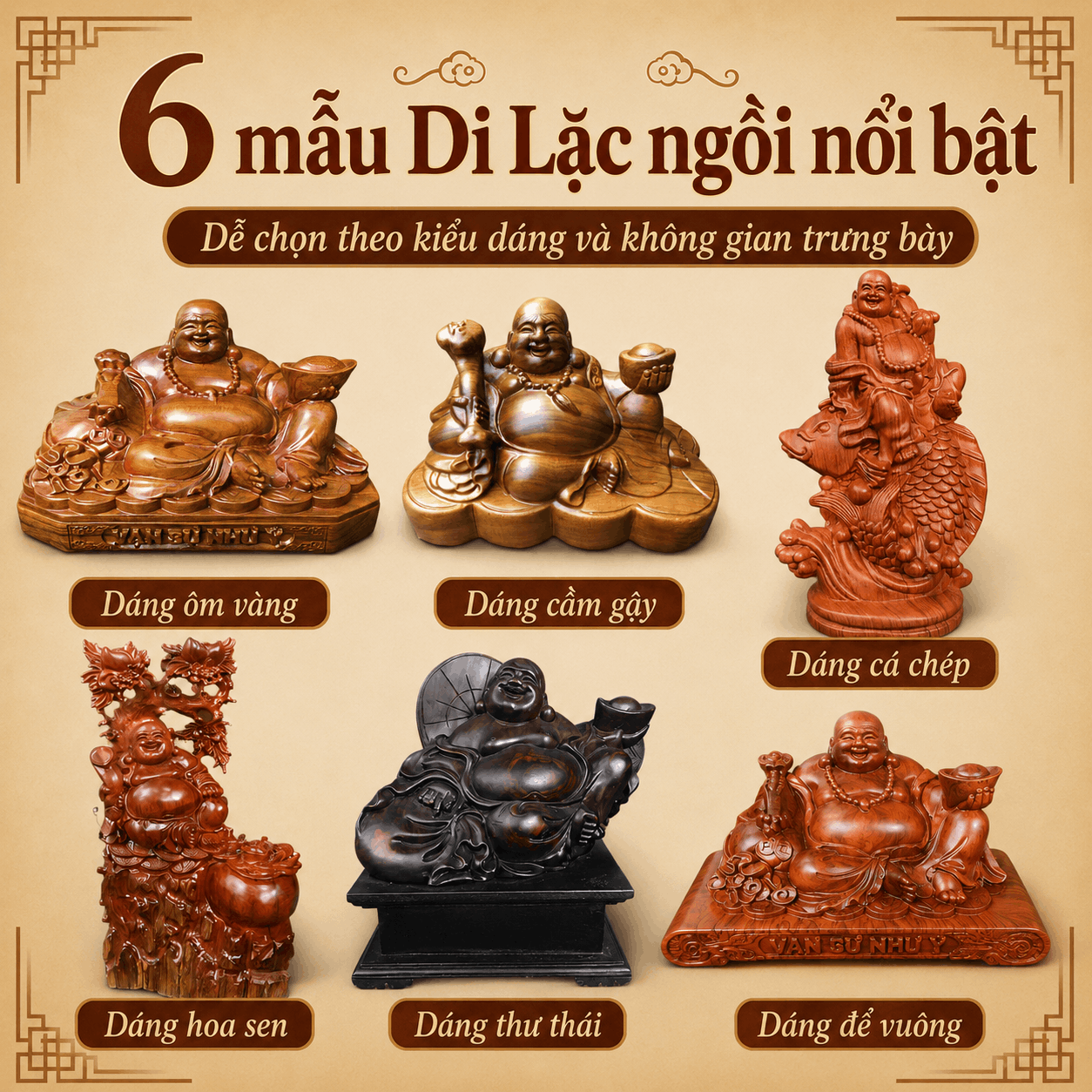 Tượng Di Lặc ngồi bằng gỗ: có những kiểu nào, nên chọn ra sao?